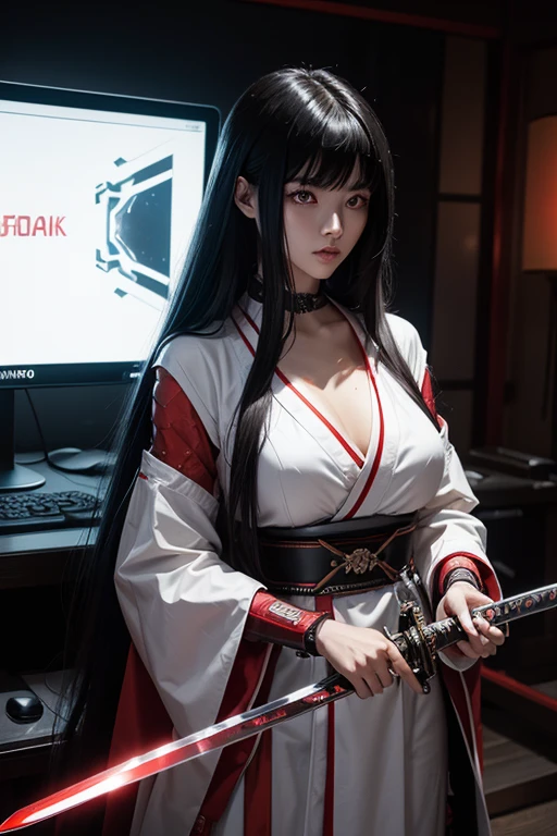 High resolution、8k、Digital Cyberpunk Art、Long black hair、Wearing cyberpunk white and red and samurai armor、Japanese women、Medium chest、In front of countless monitors、(hand holding shining mechanical sword, gripping shining mechanical sword in hand)