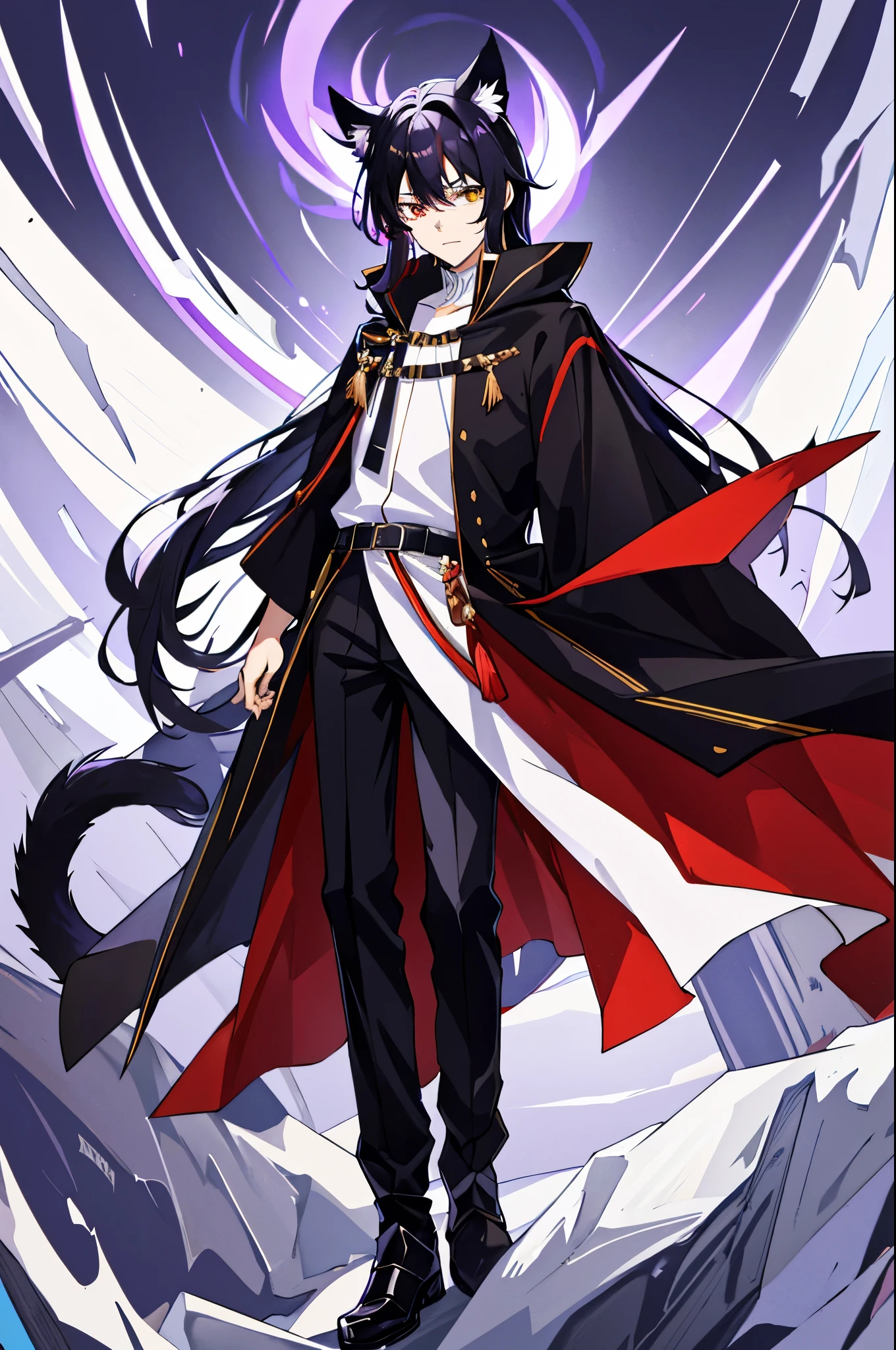 Black Hair少年,Around fifteen years old,Black Hair,Cat ear,Cat tail,Purple cloak,Heterochromia,Red left eye,Blue right eye,White shirt,Purple cloak,Standing,whole body,For the audience,White background,masterpiece,HD,4k,Detailed facial depiction,Black trousers,Black boots,Black Hair