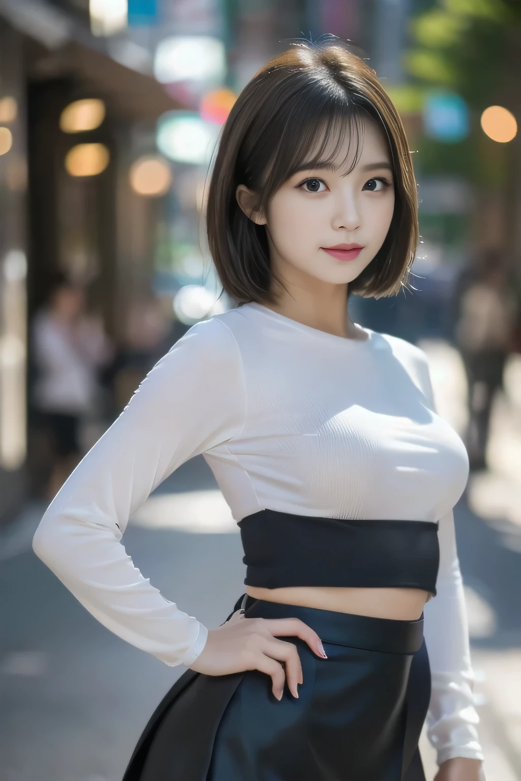 Masterpiece,(8k, RAW photo, best quality, masterpiece:1.2), (realistic, photo-realistic:1.4), (extremely detailed 8k wallpaper), sharp focus, depth of field, blur background, bokeh,Do not split,street,(Japanese Woman),20-year-old woman,short hair,(well-proportioned body shape:1.5),White blouse,(black Tight skirt: 1.5),The whole body was photographed,full body