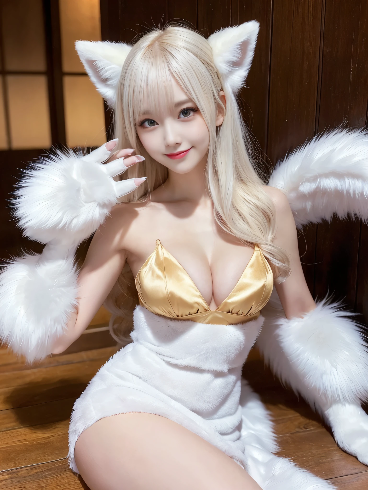 ( Masterpiece, highest quality), 98k, ((Perfect Anatomy:1.3)),Beautiful Japanese Women, Succubus,alone, 20-year-old, Small face,(Cute face:1.2),Smiling, Larger breasts, ,Beautifully detailed round eyes, Evenly spaced eyes 1.2, Long platinum blonde hair,Random Hair, (Highly detailed face and skin texture), Beautiful face in golden proportions,White skin,Accentuate your beautiful legs,(Fox::1.2),(Fur dress:1.2),(Fluffy Fox Paw Gloves:1.2),(Fluffy tail),Random sexy poses, The background is the underworld