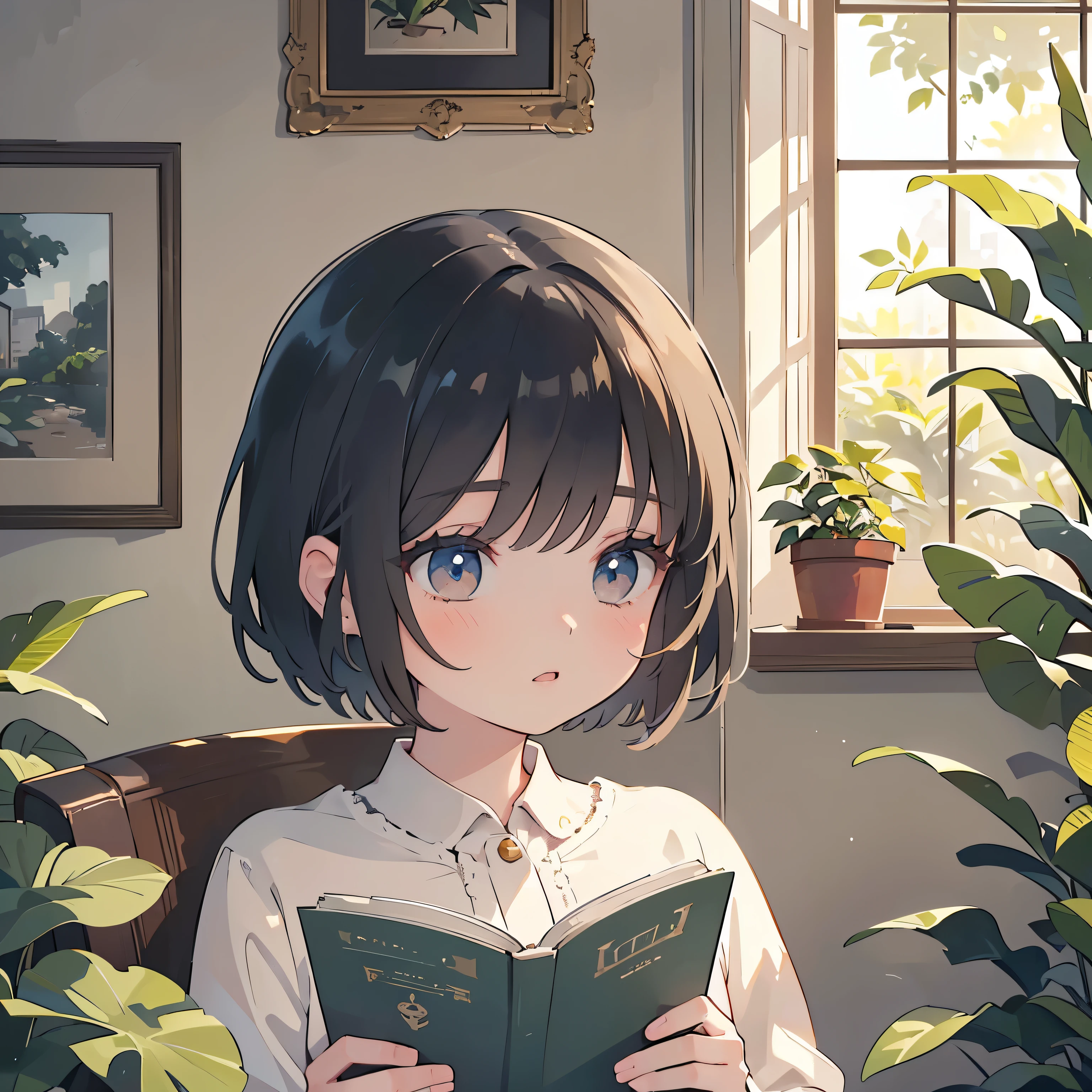 a beautiful girl with short hair reading a book in a room with houseplants, extremely detailed eyes and face, long eyelashes, elegant expression, natural lighting, high quality portrait, realistic, photorealistic, 4k, detailed environment, cozy and relaxing atmosphere, warm color tones, soft shadows, natural textures, intricate details, masterpiece