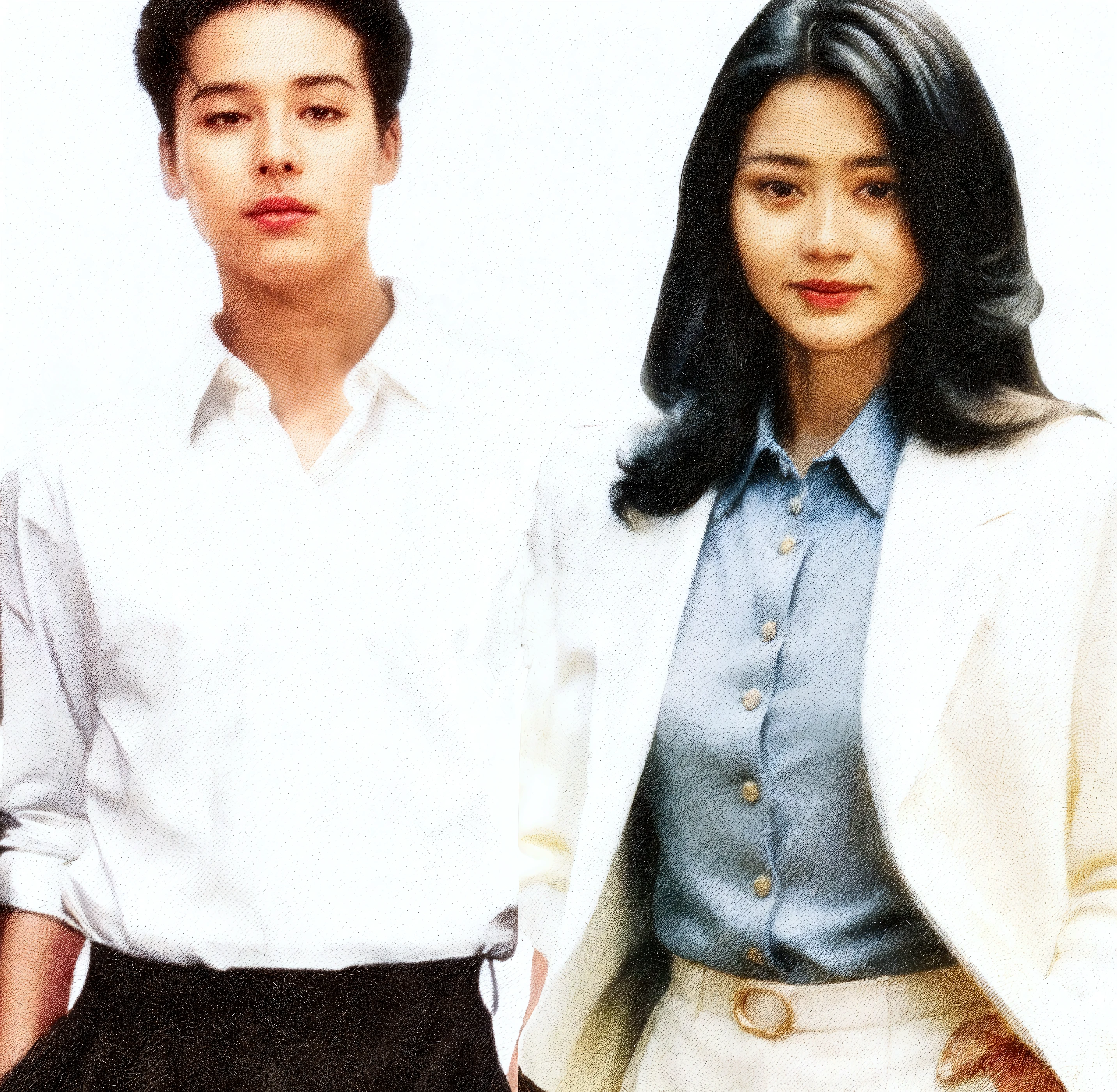 The man's shirt is light colored, his pants are black, and he has a watch on his left hand. The woman is wearing a light colored dress, her hair is black, and she is wearing a watch on her right hand. Both are a couple. The back ground is an old one.