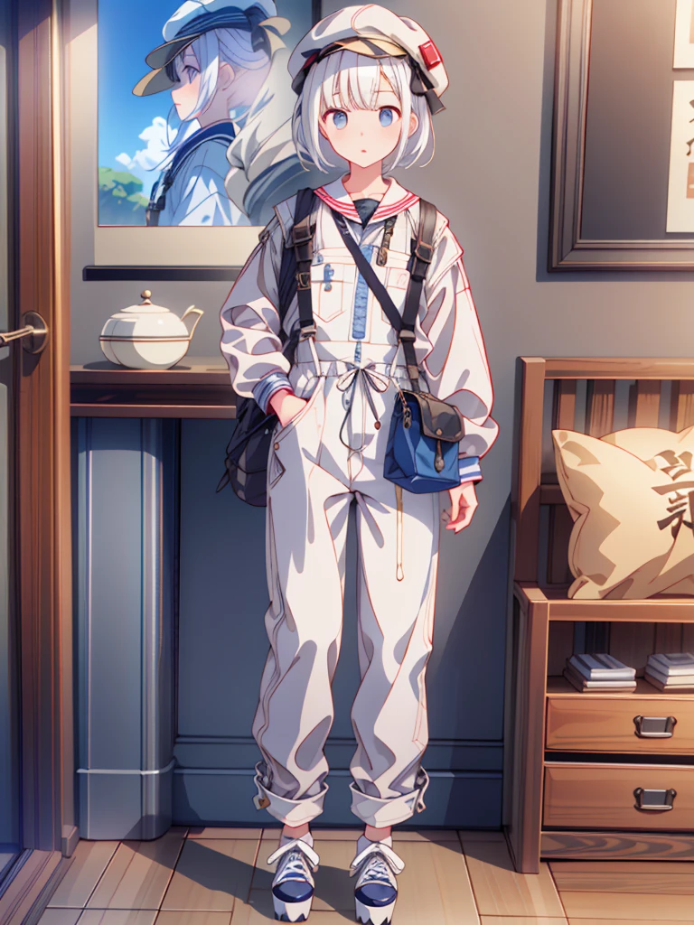 1girl、highest quality、Masterpiece、Official Art、The best composition、最高のHigh resolution、Highly detailed CG、High resolution、Disorganized、Standing in front of the viewer、vtuber-fullbody、Milky white short hair、Newsboy hat、Denim coveralls:Long sleeve Long trousers、Platform sneakers、