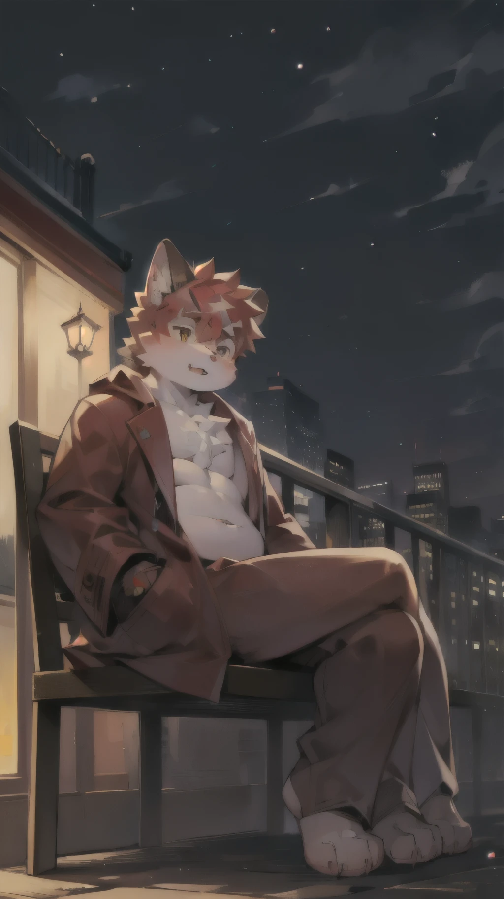 Siamese cat,male,Slightly fat,Shota,Night city lights dim,Sit on a roadside bench,Red bathrobe,Fine depiction of hands
