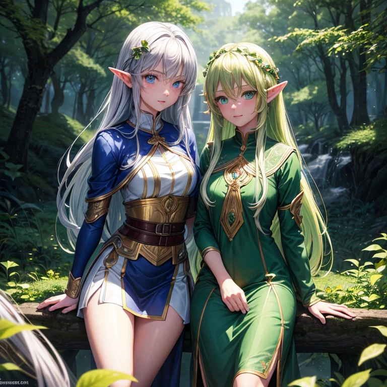 (((masterpiece))), Highest quality, Depicting a group of beautiful female elves、Highly detailed gouache style painting portrait, Smooth Shadows, Ultra-realistic textures, 8K, Highest quality, Characteristics of realistic manga, Stylized illustration, Smooth Shadows, Correct Anatomy, chromatic aberration, Neon Highlights, Global Warming Light, Dynamic pose, Expressive