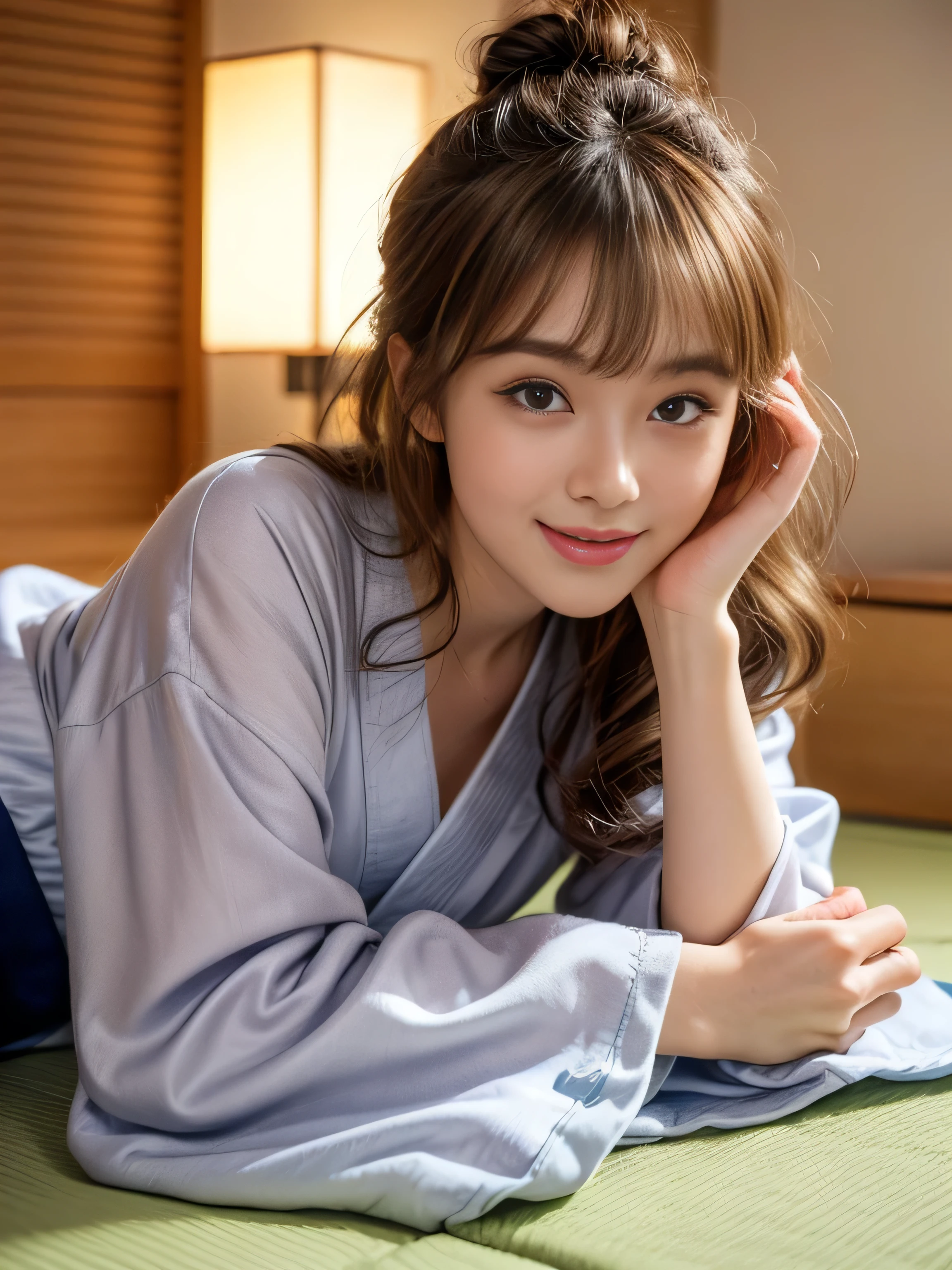 19 years old , (wearing a loosen pure light yellow yukata:1.3), big round breast, (sleeping and lying down on Tatami:1.3), (Japanese hotel room:1.3), (nude inside:1.3), Show your thighs, ((updo hairstyle, Dark blonde hair, wavy hair, long hair, asymmetric bangs:1.2)), (blush:1.3), (light smile:1.3), (photorealistic:1.2), (ultra realistic:1.3), (very detailed:1.1), ((masterpiece)), ,( Hand Details:1.4), depth of field, first person view.