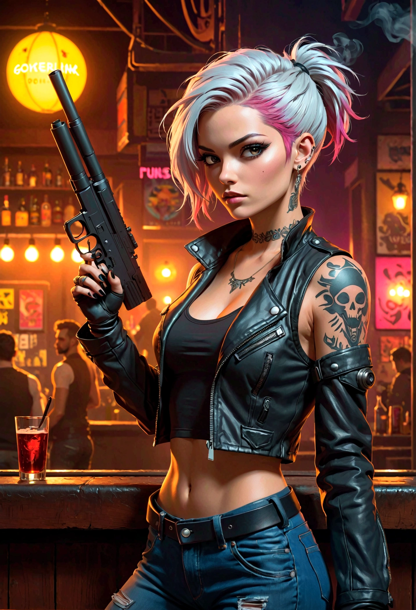 Cyberpunk 2020, Cyberpunk, young Rogue Amendiares from Cyberpunk, Perfect Face, Perfect body, leather jacket, white tank top , jeans, punks hairstyle, silver hair color,  dark makeup, tattoos, hold big gun in hand, stands back and looks over her shoulder at the viewerthe legend ,Afterlife bar Interior, INK, Splash Art, Sharp Focus, Smoke, Sparks, Painting Concept ART of Detailed Character, 4K, comics style, graphic novels illustration