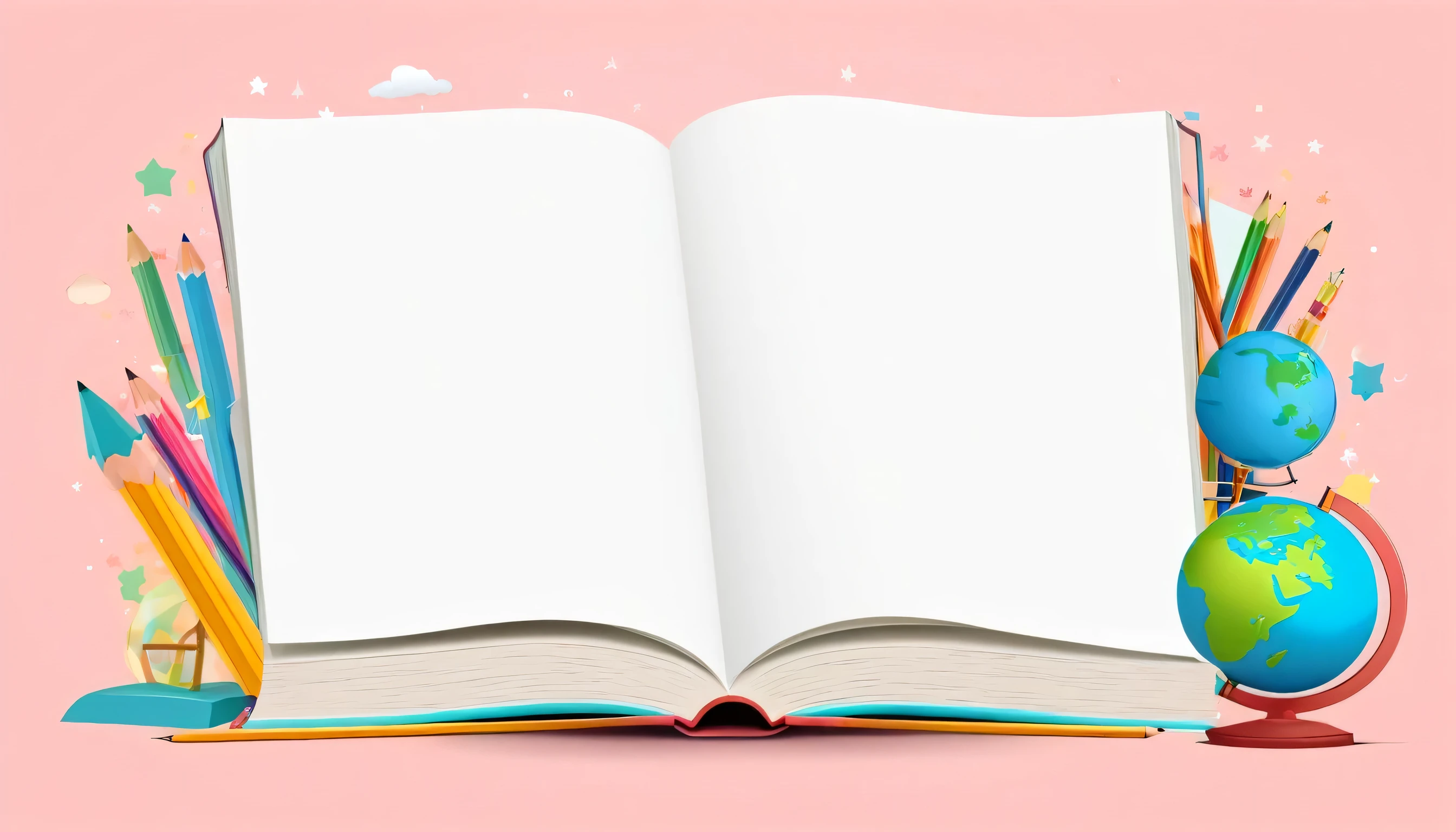 An educational blank display template for a school presentation, with a clean, colorful design using pastel colors, icons of books, pencils, and globes in the corners, and ample space for text and images.