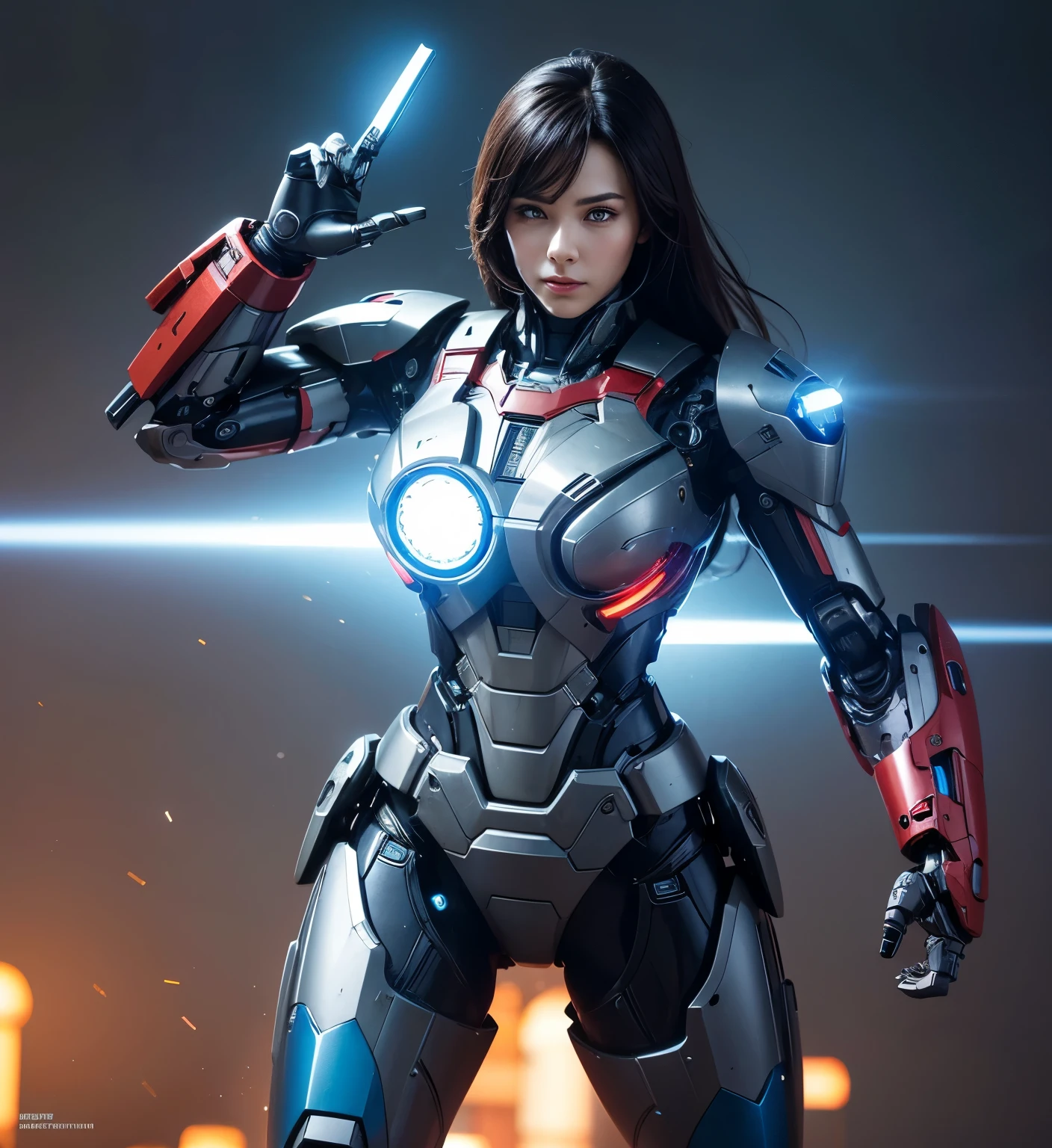 Very detailed, Advanced Details, high quality, Better Quality, High resolution, 1080p, hard disk, beautiful,(Iron Patriot),beautiful,Mecha Cyborg ,Battle Mode, machinewith body,She wears a futuristic Iron Patriot mech,Full Body Shot,A powerful cyborg woman, sleek and futuristic, with advanced mechanical augmentations that enhance her strength and capabilities.