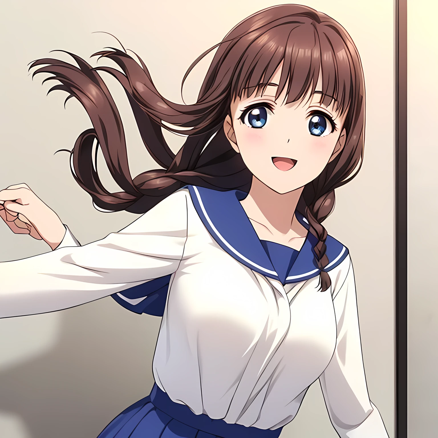 (highest quality, masterpiece:1.2), highest quality, High resolution, 1080p, 8K, Game heroine CG, Height: 158cm, ((A beautiful girl, the game heroine, is smiling and looking proudly.)), A face that everyone loves, Glossy lips, Even bangs, Double, Long eyelashes on both the top and bottom, Smiling blue eyes, The very large and thick yellow ribbon bowtie is very cute., ((Black Hair)), ((Beautiful, shiny, long braids)), ((A long, neat, dark navy pleated skirt)), (((A long-sleeved winter sailor uniform in cream and navy blue))), ((Navy blue jacket)), Smiling, slightly open mouth like a game heroine, Ribbon in hair, Tight waist, (((The background is a blank white wall))), ((The wind blowing upwards is only shaking my bangs))