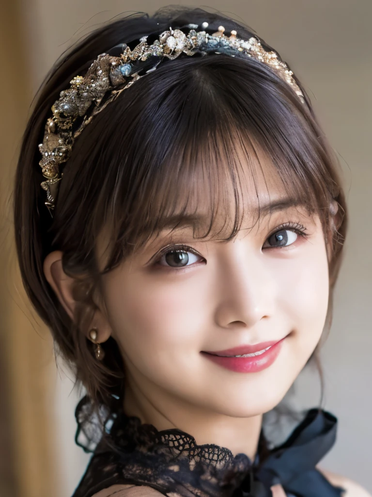 (Realistic, photo-Realistic:1.37), Incredibly absurd, (Very detailed:1.3), 8k, (masterpiece), (highest quality:1.4), (Ultra-high resolution:1.2), (RAW Photos:1.2), Very detailed background, (unity 8k wallpaper), 1 nogizaka girl, very cute, bishojo, 15 years, (Gothic Lolita Fashion), Exquisitely drawn beautiful faces, eyes and skin, Detailed black shiny hair, Elegant frills, Frilled tie, Ribbon tie, Rose Hair Accessories, Delicate lace dress, Soft fabric, Beautiful rose pattern, Smiling for the camera, Cowboy Shot, European castle landscape, Professional Lighting