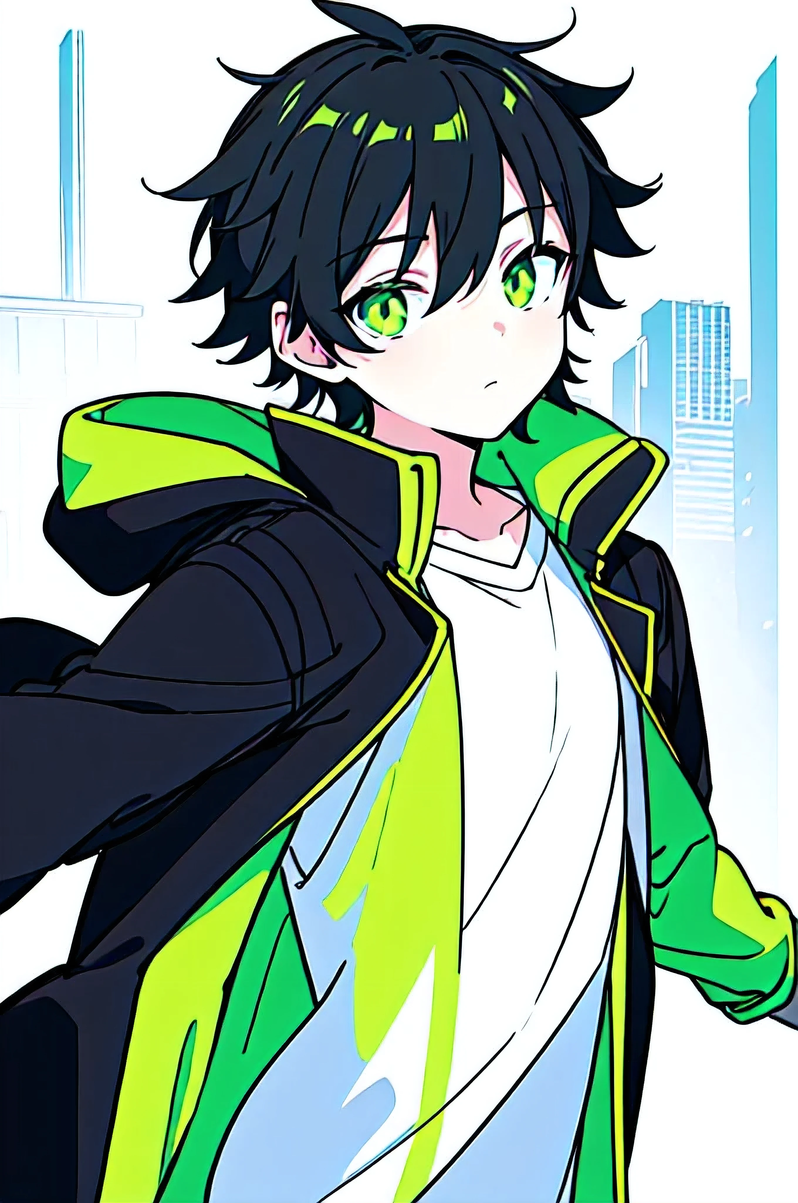 [(WHITE BACKGROUND:1.5),::5], (((masterpiece))), high quality, ultra_very_high_resolution, large_filesize, upper body, (green base), full color, ((solo)), ((little boy)), ((black short hair)), green eyes, anime, neon light, black parka,