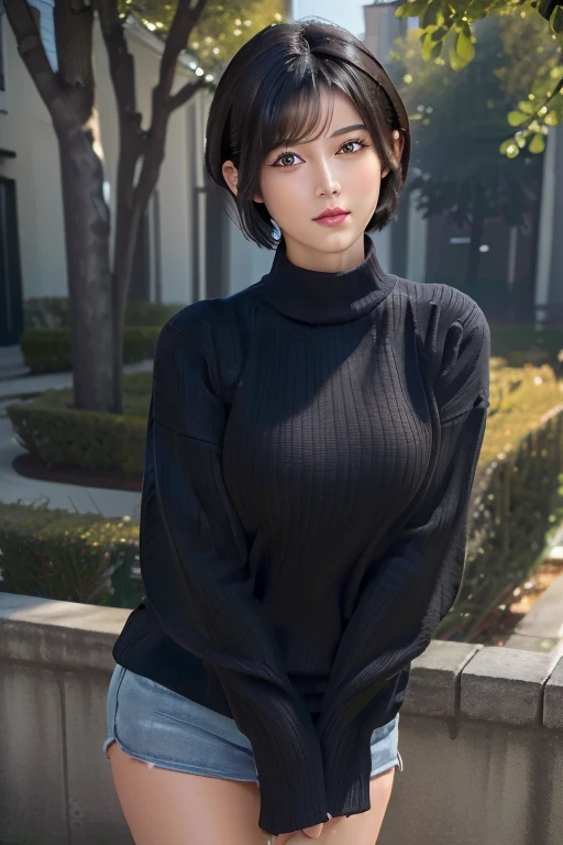 (masterpiece:1.3), (8k, photorealistic, RAW photo, best quality: 1.4), (1girl), beautiful face, (realistic face), (black hair, short hair:1.3), beautiful hairstyle, realistic eyes, beautiful detailed eyes, (realistic skin), beautiful skin, (sweater), absurdres, attractive, ultra high res, ultra realistic, highly detailed, golden ratio,whole body,nsfw,open clothes,