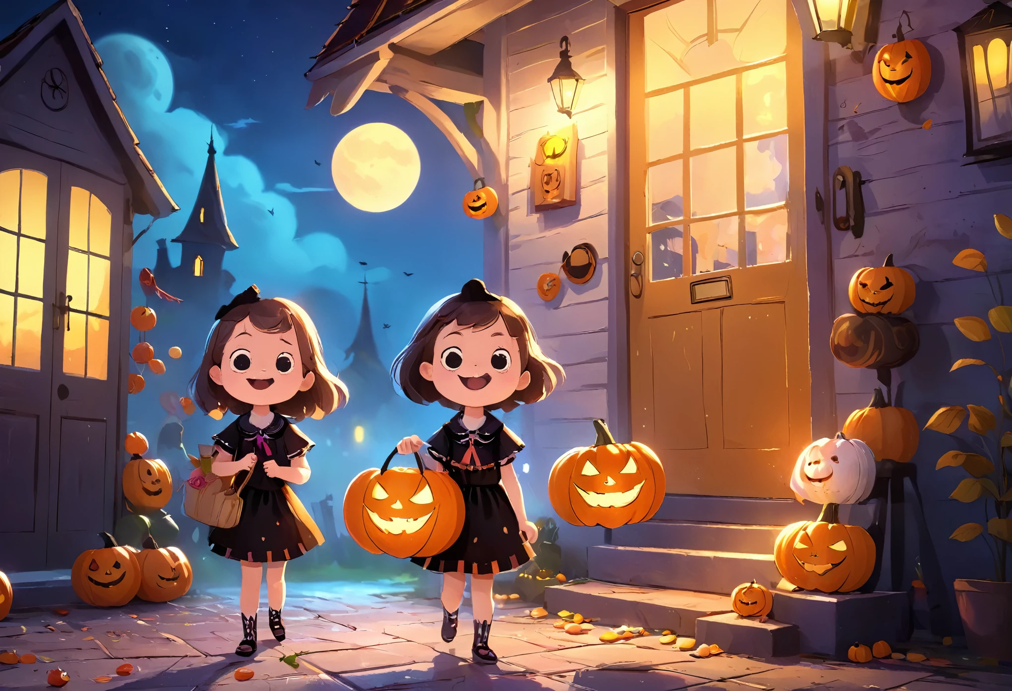 Halloween Kids, Happy expressions, Fun atmosphere,Wearing creative costumes,A bag full of candy,Knocking excitedly on the door,Creative decoration,spooky atmosphere [spooky] (highest quality,4K,8k,High resolution,masterpiece:1.2),Super detailed ,(Realistic,photoRealistic,photo-Realistic:1.37),Vibrant colors,Sharp focus,Happy,Halloween themed,Night view,Full Moon Sky,Warm lighting,Happy smiles,Colorful candies