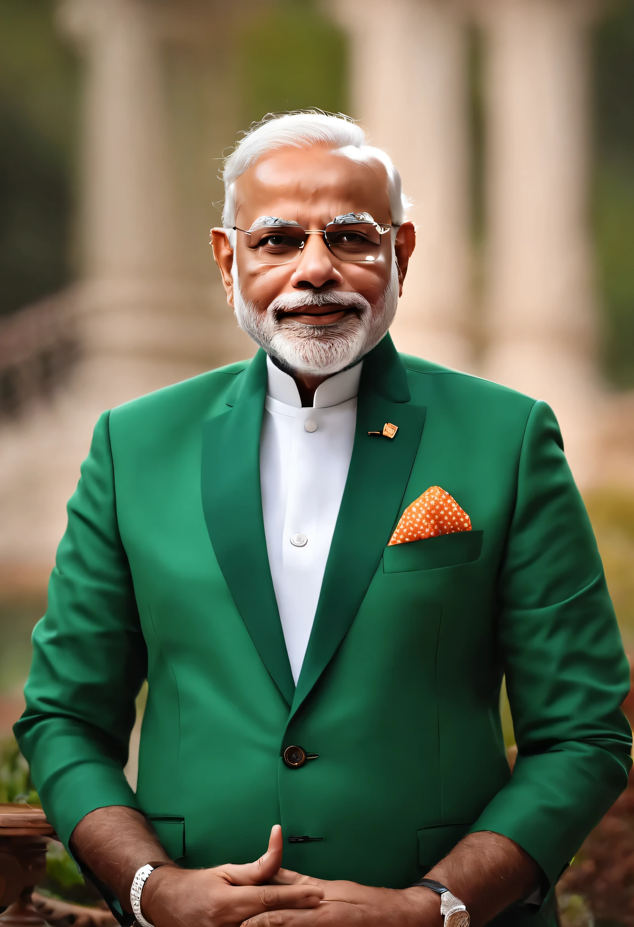 ((best quality)), ((masterpiece)), (detailed), perfect face, full detailed body, "Prime Minister Narendra Modi, known for his vibrant attire and clean-cut hairstyle, reflects dynamic leadership. His face always carries a determined and confident expression, highlighting his energetic nature. His welcoming smile and signature glasses make his personality even more distinctive." Perfect hands and body  , detailed face  , Super realistic, photorealistic,  Studio Lighting, reflections, dynamic pose, Cinematic lighting, 