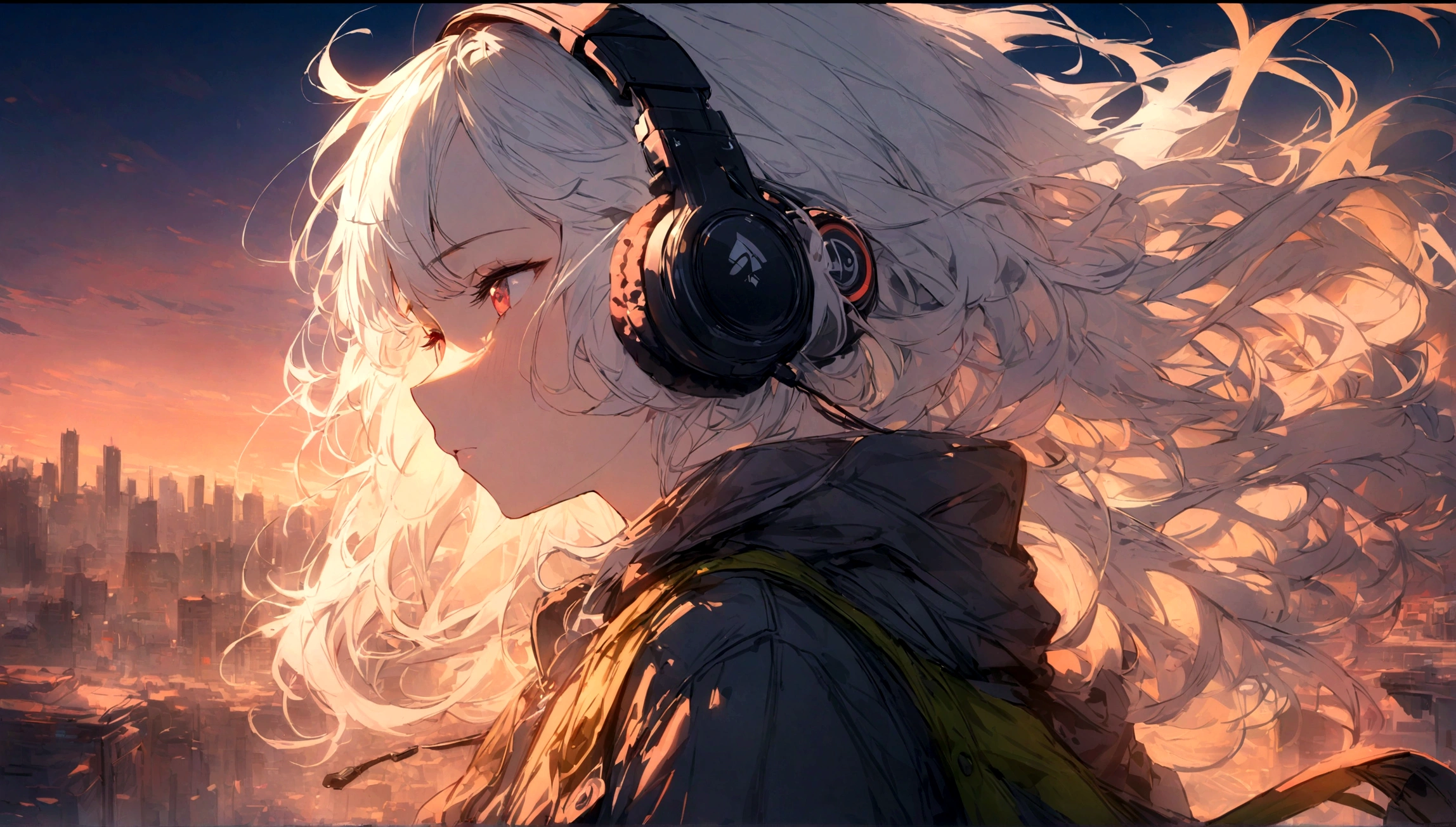 A white-haired girl wearing a coat and headphones, Squinting at the bustling city under the afterglow of the setting sun, (best quality, 4k, High resolution, Extremely detailed), Artistic touch with pencil sketch, Vibrant colors, and soft lighting
