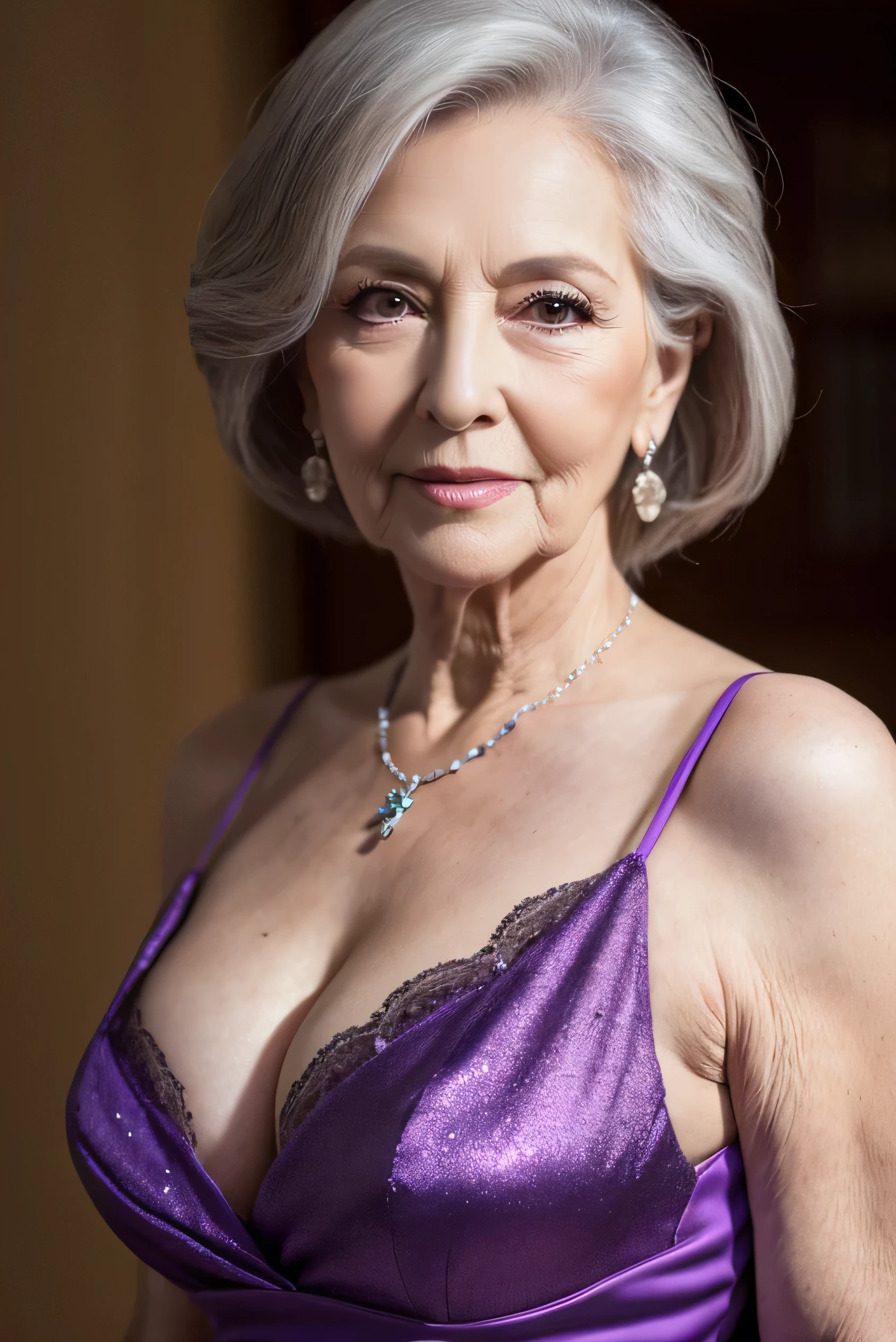highest quality, masterpiece, High resolution, Realistic, RAW Photos, 8k wallpaper, perfection, Professional Lighting, Very detailed, ((One beautiful woman)), 80 years old, Sexy Woman, ((Purple Dress)), Cleavage, Upper Body, ((look into the viewer'eye)), Detailed face, Beautiful eye, ((I'looking forward to it)), In the stylish dining room, sunny, bangs, Shapely breasts, Short Bob Hair, Plump and glossy lips, Cowboy Shot, ((Place your arms between your legs))