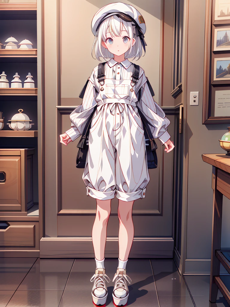 1girl、highest quality、Masterpiece、Official Art、The best composition、最高のHigh resolution、Highly detailed CG、High resolution、Disorganized、Standing in front of the viewer、vtuber-fullbody、Milky white short hair、Newsboy hat、Long sleeves and pants in black pinstripe overalls、Platform sneakers、