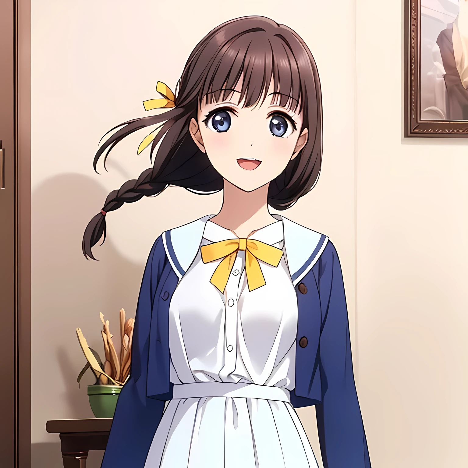 (highest quality, masterpiece:1.2), highest quality, High resolution, 1080p, 8K, Game heroine CG, Height: 158cm, ((A beautiful girl, the game heroine, is smiling and looking proudly.)), A face that everyone loves, Glossy lips, Even bangs, Double, Long eyelashes on both the top and bottom, Smiling blue eyes, The very large and thick yellow ribbon bowtie is very cute., ((Black Hair)), ((Beautiful, shiny, long braids)), ((A long, neat, dark navy pleated skirt)), (((A long-sleeved winter sailor uniform in cream and navy blue))), ((Navy blue jacket)), Smiling, slightly open mouth like a game heroine, Ribbon in hair, Tight waist, (((The background is a blank white wall))), ((The wind blowing upwards is only shaking my bangs))