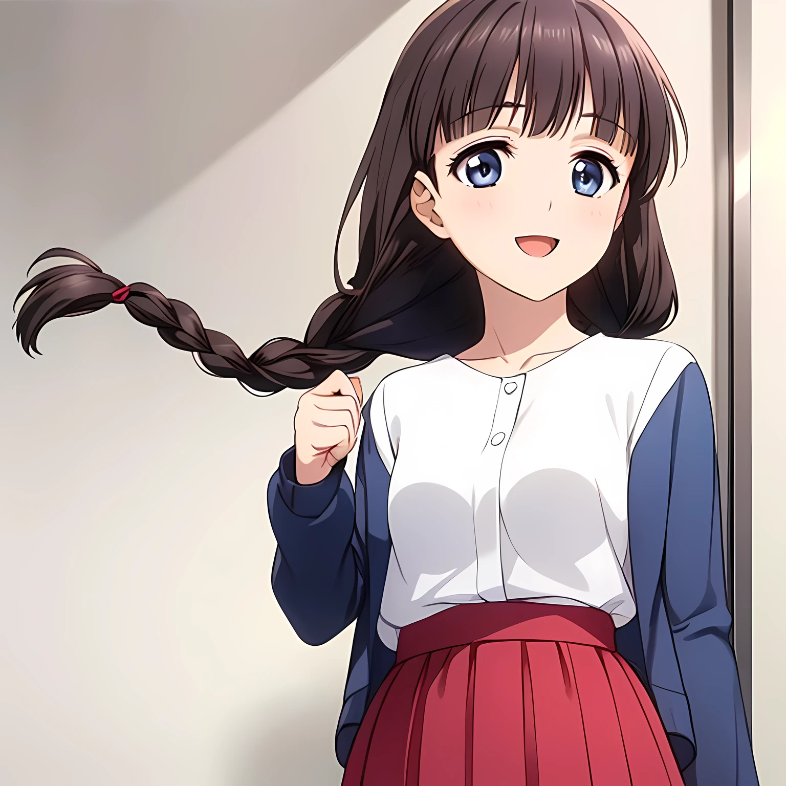 (highest quality, masterpiece:1.2), highest quality, High resolution, 1080p, 8K, Game heroine CG, Height: 158cm, ((A beautiful girl, the game heroine, is smiling and looking proudly.)), A face that everyone loves, Glossy lips, Even bangs, Double, Long eyelashes on both the top and bottom, Smiling blue eyes, The very large and thick yellow ribbon bowtie is very cute., ((Black Hair)), ((Beautiful, shiny, long braids)), ((A long, neat, dark navy pleated skirt)), (((A long-sleeved winter sailor uniform in cream and navy blue))), ((Navy blue jacket)), Smiling, slightly open mouth like a game heroine, Ribbon in hair, Tight waist, (((The background is a blank white wall))), ((The wind blowing upwards is only shaking my bangs))