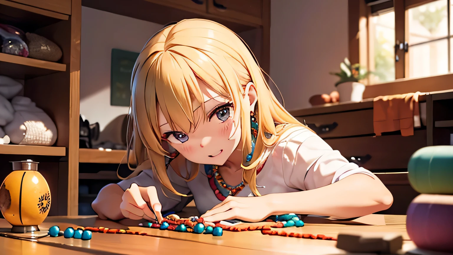 A blonde adult girl is happily making a beaded mobile phone chain with a pile of beads on her workbench. She is stringing beads with her hands raised and her face bent over, stringing beads seriously.