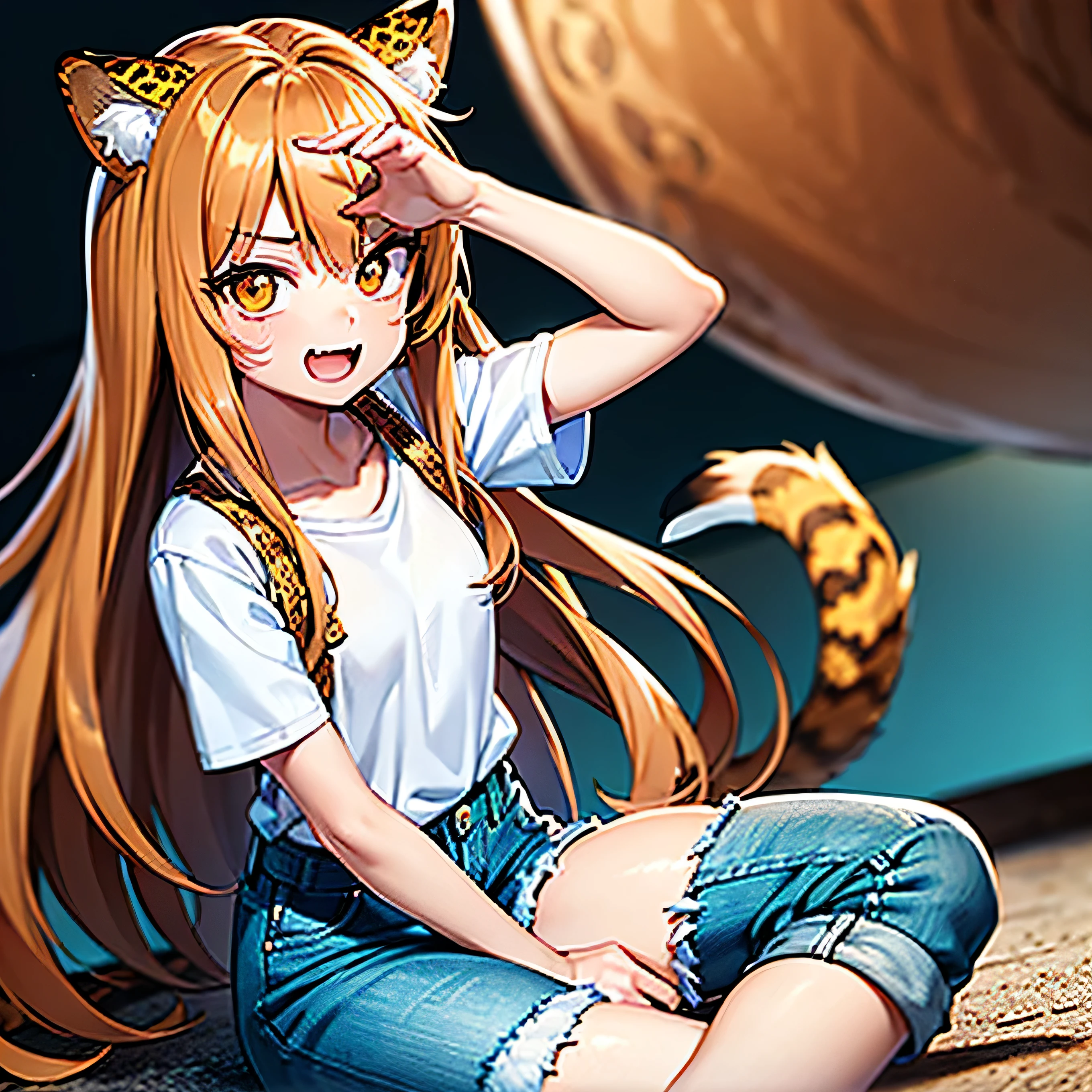 Cute girl, long caramel hair, brown eyes, leopard Nekomimi, fangs, wearing blank white T-shirt and teal vest with denim shorts