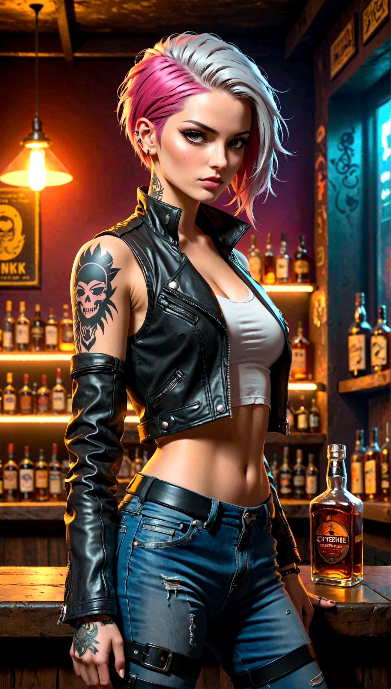 Cyberpunk 2020, Cyberpunk, young Rogue Amendiares from Cyberpunk, Perfect Face, Perfect body, leather jacket, white tank top , jeans, punks hairstyle, silver hair color, dark makeup, tattoos, hold big gun in hand, stands back and looks over her shoulder at the viewerthe legend ,Afterlife bar Interior, INK, Splash Art, Sharp Focus, Smoke, Sparks, Painting Concept ART of Detailed Character, 4K, comic style
