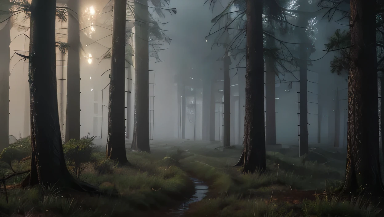 a foggy pine forest at night during a rainstorm, no lights, cinematic lighting, moody atmosphere, muted color palette, dramatic lighting, dramatic weather, realistic, photorealistic, photo-realistic:1.37, (best quality,8k,highres,masterpiece:1.2),ultra-detailed, professional