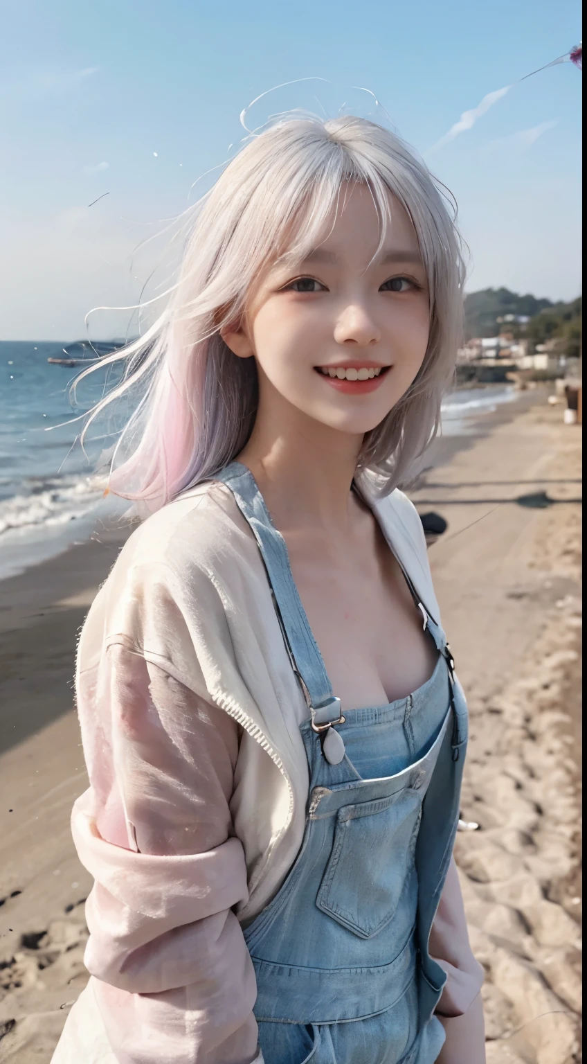 Best image quality、RAW Photos、超A high resolution、21 years old Korean、Small breasts、Dynamic Angle、Cowboy Shot、Chaos in its most beautiful form、elegant、Brutalist Design、Vibrant colors、Beautiful white hair、Short Bob、smile、fun、smile、Glowing White Skin、Beautiful eyes with random colors、Very thin lips、Beautiful eyes in every detail、 Narrow eyes、Cheeks are pale pink、Eyelash length、Beautiful double eyelids、eye shadow、Bright white hair、Overalls、Lightweight see-through jacket、Sandy Beach、null、Shooting from diagonally below、Low Angle、The wind is blowing、Hair fluttering、boost mood、Full body photo