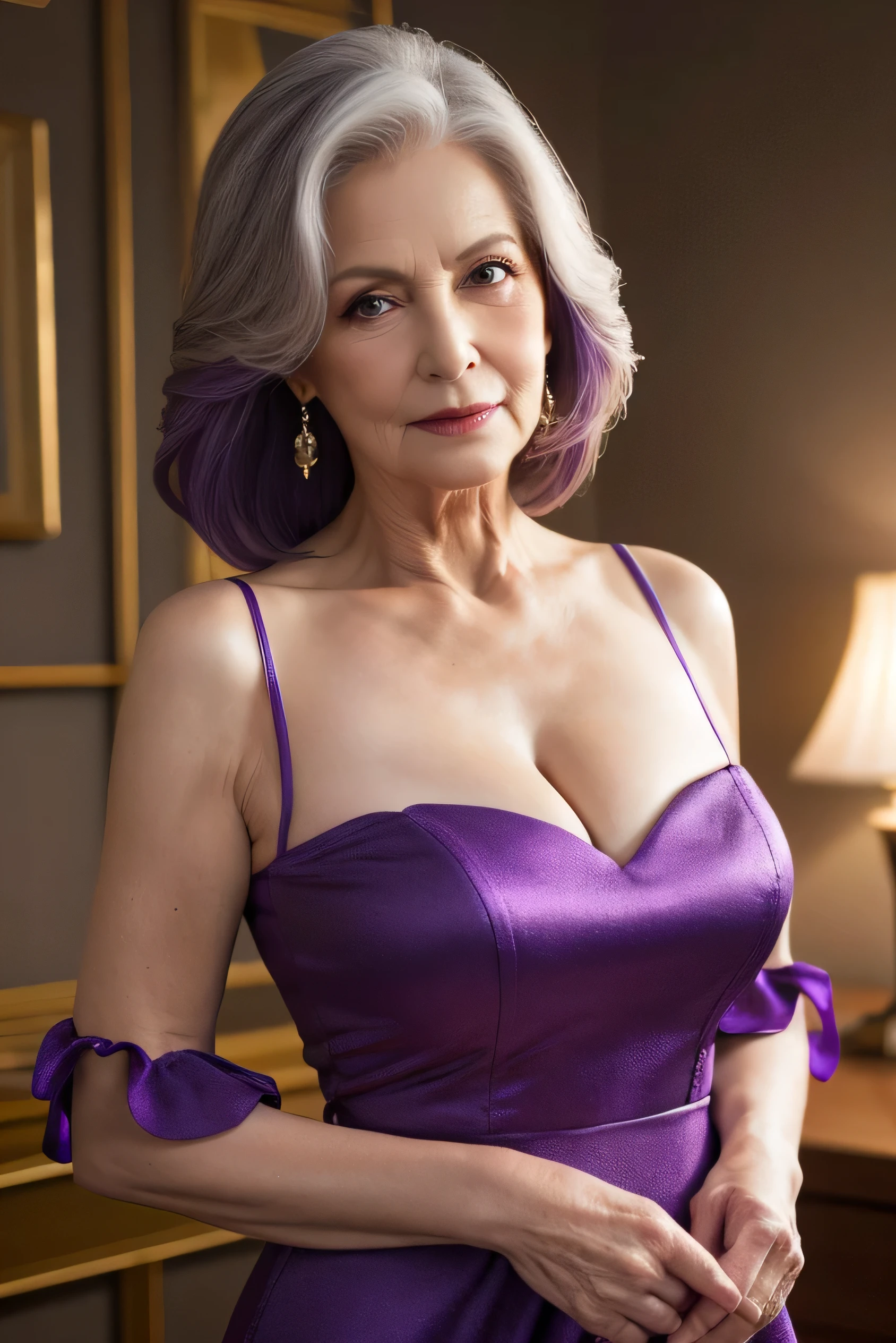 highest quality, masterpiece, High resolution, Realistic, RAW Photos, 8k wallpaper, perfection, Professional Lighting, Very detailed, ((One beautiful woman)), 80 years old, Sexy Woman, ((Purple Dress)), Cleavage, Upper Body, ((look into the viewer&#39;eye)), Detailed face, Beautiful eye, ((I&#39;looking forward to it)), In the stylish dining room, sunny, bangs, Shapely breasts, Short Bob Hair, Plump and glossy lips, Cowboy Shot, ((Place your arms between your legs))