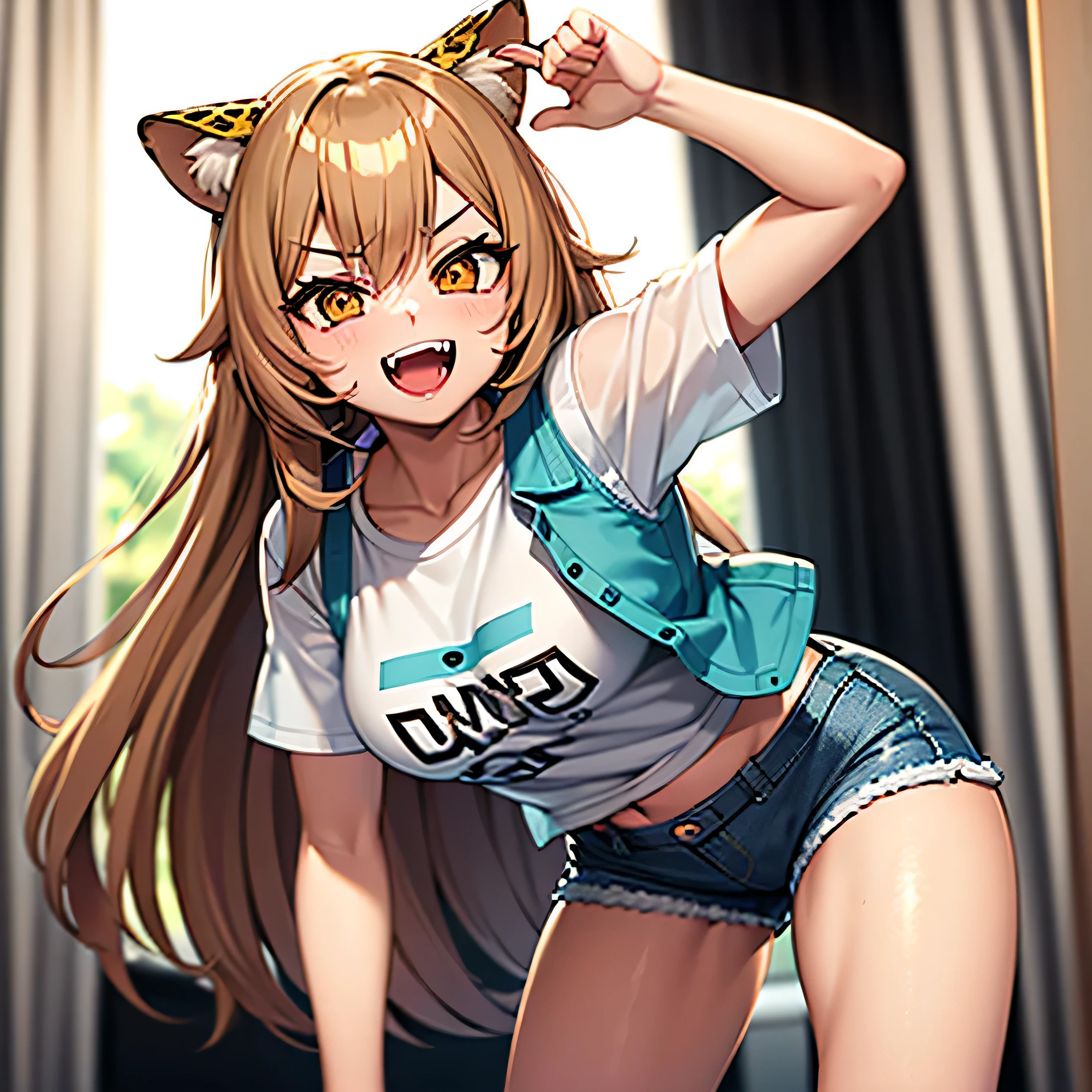Cute girl, long caramel hair, caramel hair, brown eyes, leopard Nekomimi, fangs, wearing white T-shirt with a teal vest and denim shorts,