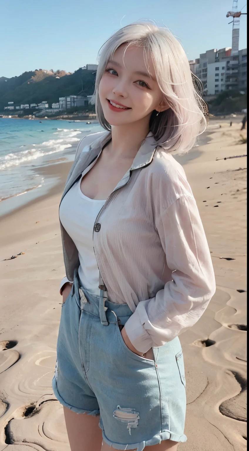 Best image quality、RAW Photos、超A high resolution、21 years old Korean、Small breasts、Dynamic Angle、Cowboy Shot、Chaos in its most beautiful form、elegant、Brutalist Design、Vibrant colors、Beautiful white hair、Short Bob、smile、fun、smile、Glowing White Skin、Beautiful eyes with random colors、Very thin lips、Beautiful eyes in every detail、 Narrow eyes、Cheeks are pale pink、Eyelash length、Beautiful double eyelids、eye shadow、Bright white hair、Overalls、Lightweight see-through jacket、Sandy Beach、null、Shooting from diagonally below、Low Angle、The wind is blowing、Hair fluttering、boost mood、Full body photo