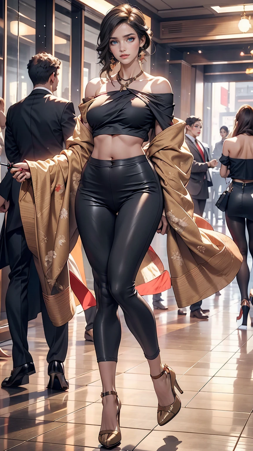 24 year old Caucasian female、Silver Hair、、long hair、Hair becomes wavy、Outstanding proportions、Wear a see-through blouse((The lace-decorated bra is visible through the fabric))、I can see my belly button、Wear low rise leggings、Wear stiletto heels
