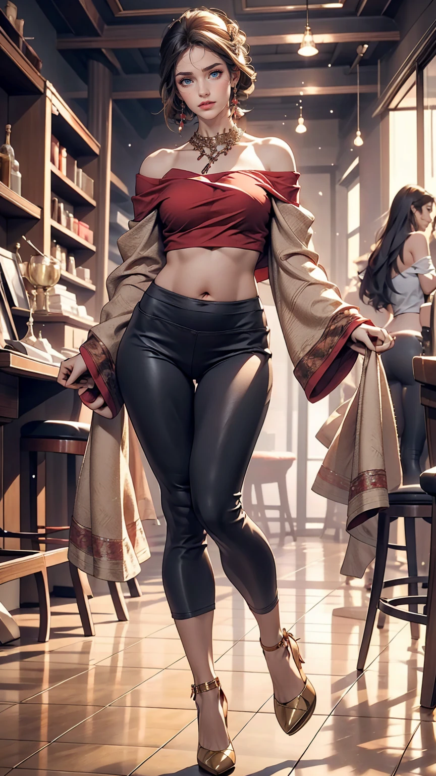 24 year old Caucasian female、Off-the-shoulder wrap(off-shoulder wrap)Wear a top from、I can see my belly button、Wear low rise leggings、Wear stiletto heels、smile、Brush your hair back、Sexy proportions、Narrow waist