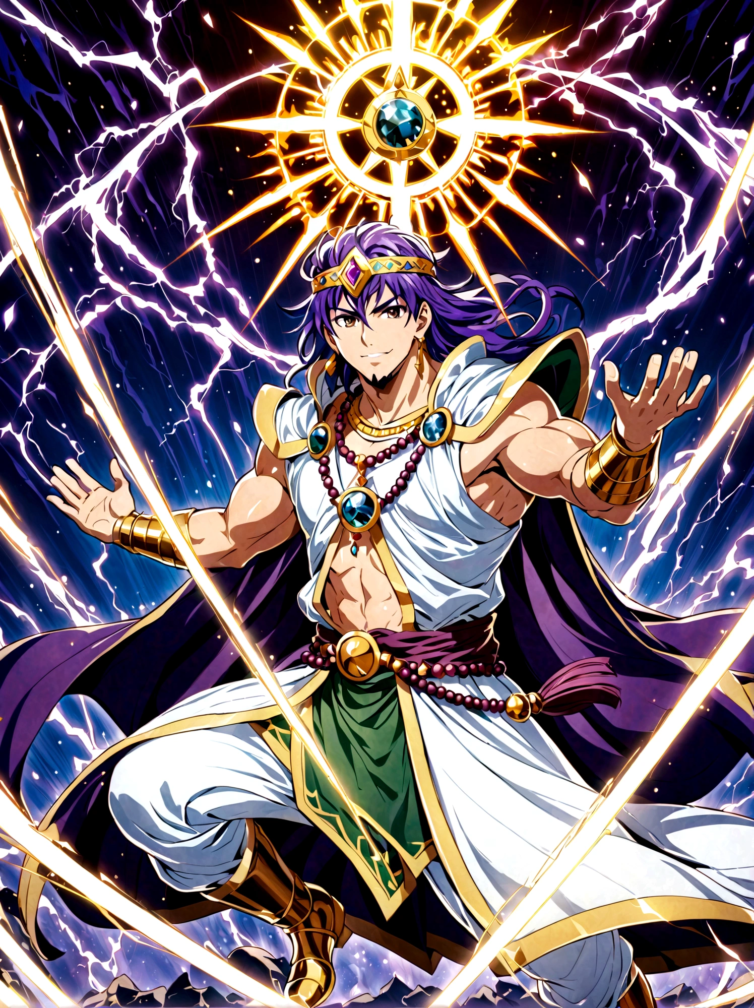 Japanese Manga "Magi: The Labyrinth of Magic", sinbad, magi, 1boy, solo, Male focus, looking at the viewer, jewelry, purple hair, brown eyes, long hair, deep eyes, handsome appearance and heroic temperament, gorgeous clothing, wearing headdress and jewelry, showing aristocratic majesty and elegance, his burly and strong figure, showing his strong fighting ability and leadership style, magic tools, magic battle, lightning explosion, masterpiece, best quality, high quality, full body, long shot