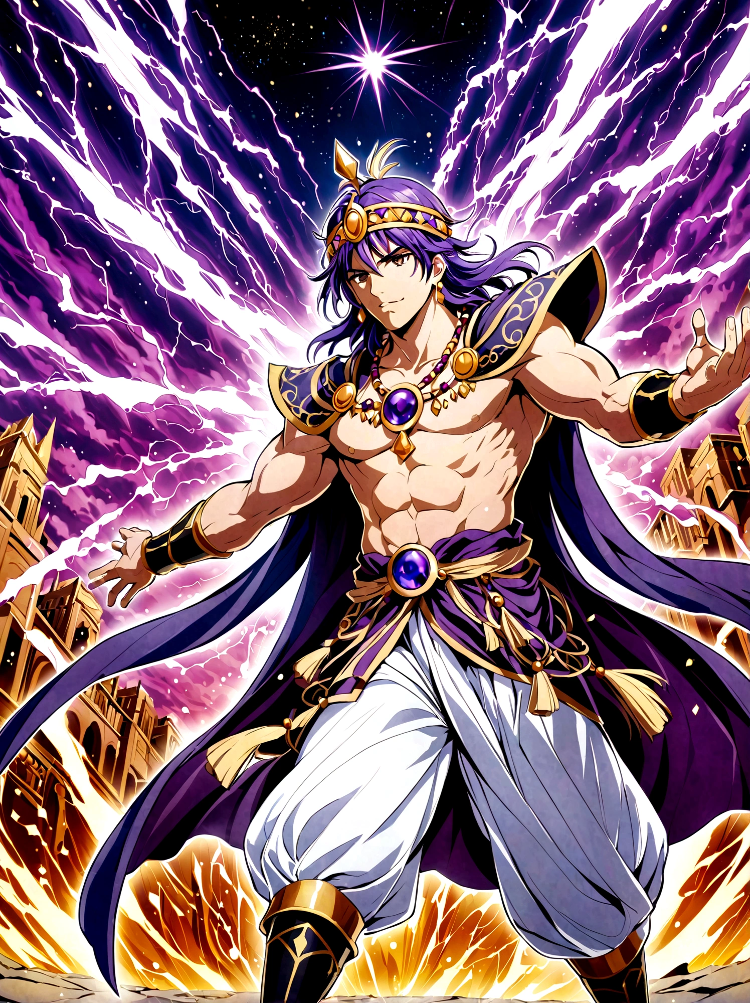 Japanese Manga "Magi: The Labyrinth of Magic", sinbad, magi, 1boy, solo, Male focus, looking at the viewer, jewelry, purple hair, brown eyes, long hair, deep eyes, handsome appearance and heroic temperament, gorgeous clothing, wearing headdress and jewelry, showing aristocratic majesty and elegance, his burly and strong figure, showing his strong fighting ability and leadership style, magic tools, magic battle, lightning explosion, masterpiece, best quality, high quality, full body, long shot