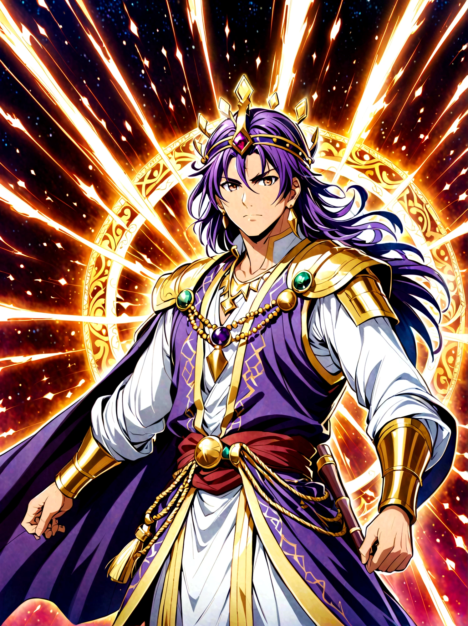 Japanese Manga "Magi: The Labyrinth of Magic", sinbad, magi, 1boy, solo, Male focus, looking at the viewer, jewelry, purple hair, brown eyes, long hair, deep eyes, handsome appearance and heroic temperament, gorgeous clothing, wearing headdress and jewelry, showing aristocratic majesty and elegance, his burly and strong figure, showing his strong fighting ability and leadership style, magic tools, magic battle, lightning explosion, masterpiece, best quality, high quality, full body, long shot
