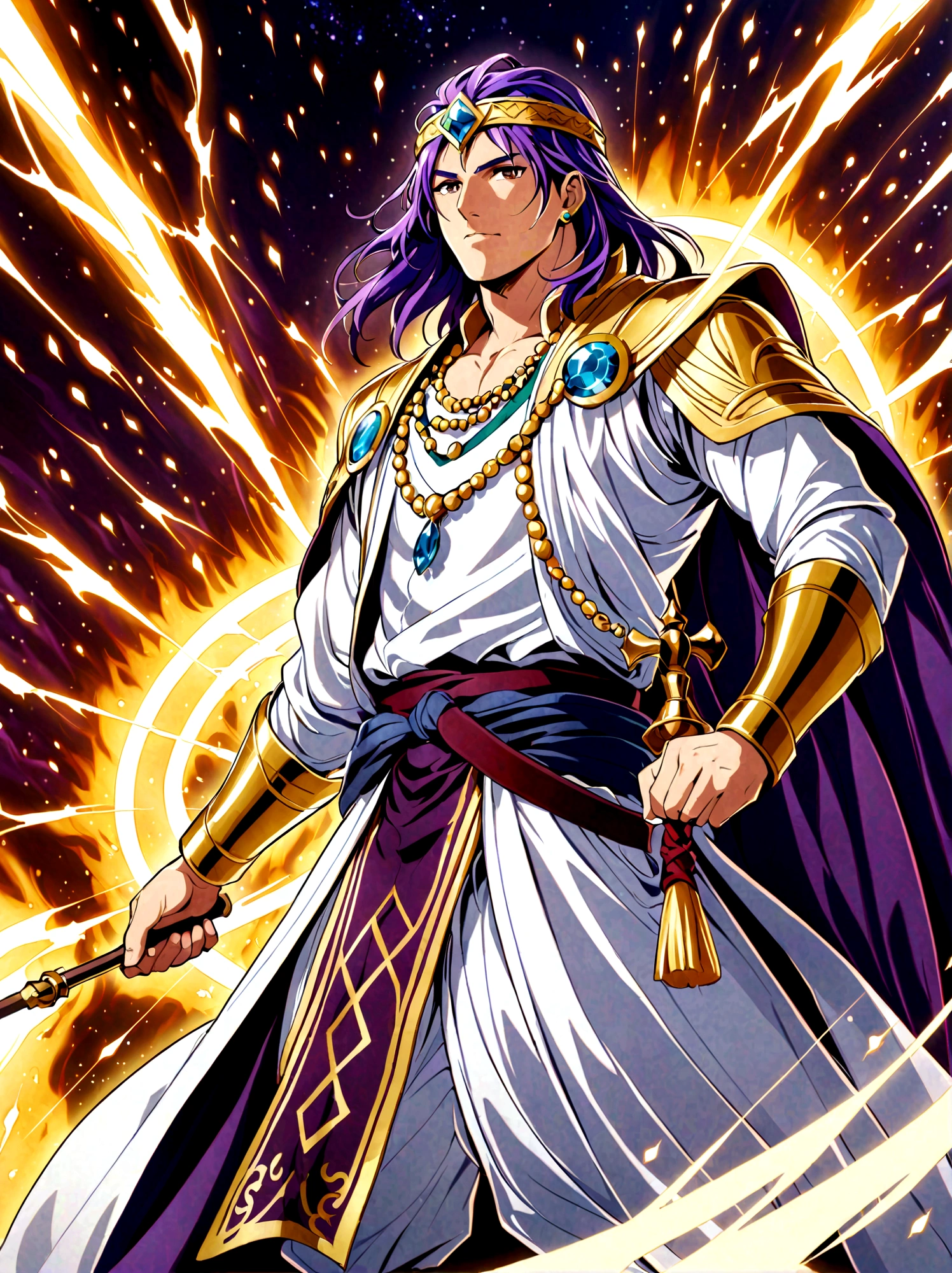 Japanese Manga "Magi: The Labyrinth of Magic", sinbad, magi, 1boy, solo, Male focus, looking at the viewer, jewelry, purple hair, brown eyes, long hair, deep eyes, handsome appearance and heroic temperament, gorgeous clothing, wearing headdress and jewelry, showing aristocratic majesty and elegance, his burly and strong figure, showing his strong fighting ability and leadership style, magic tools, magic battle, lightning explosion, masterpiece, best quality, high quality, full body, long shot