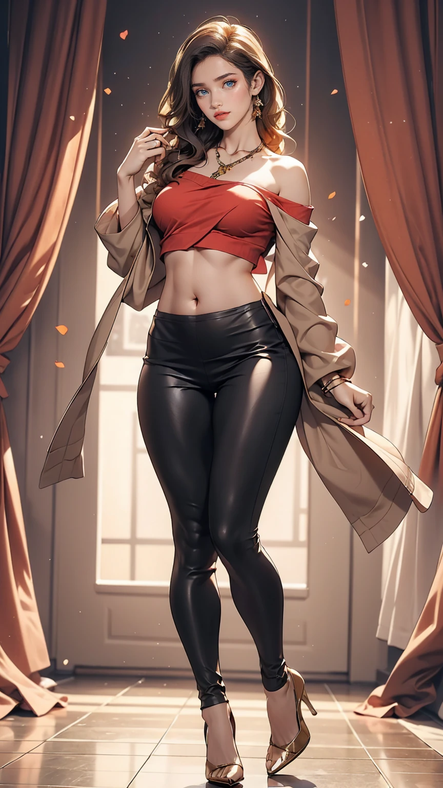 24 year old Caucasian female、Off-the-shoulder wrap(off-shoulder wrap)Wear a top from、I can see my belly button、Wear low rise leggings、Wear stiletto heels、smile、Brush your hair back、Sexy proportions、Narrow waist