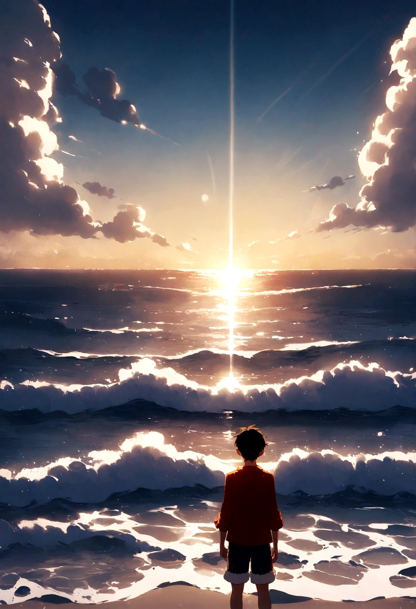 Luffy is looking at the ocean　back　The sun is shining on the sea
