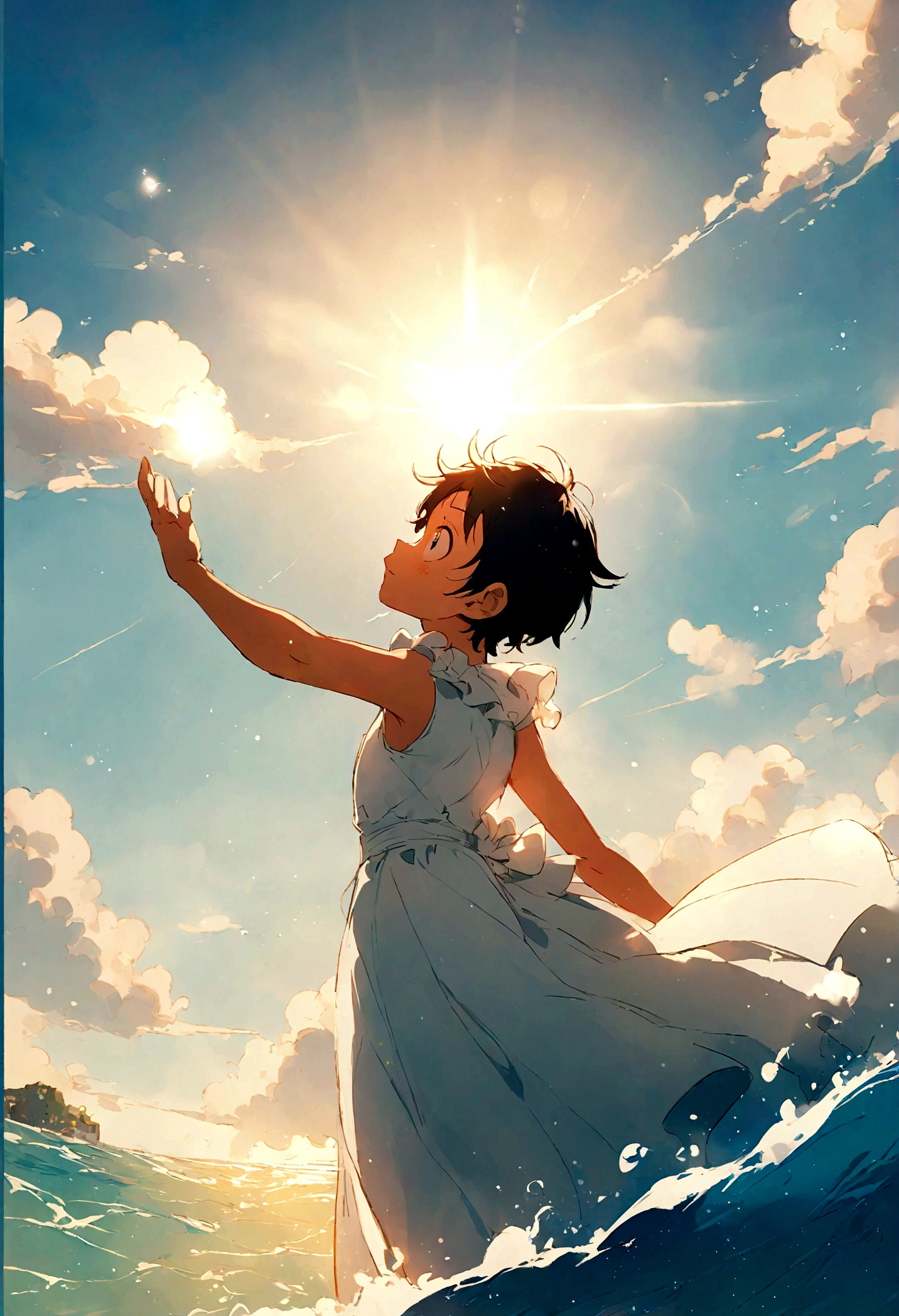 Luffy is looking at the ocean back The sun is shining on the sea