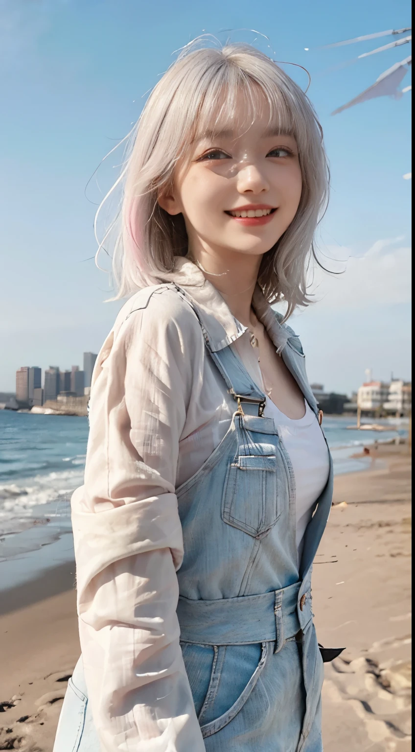 Best image quality、RAW Photos、超A high resolution、21 years old Korean、Small breasts、Dynamic Angle、Cowboy Shot、Chaos in its most beautiful form、elegant、Brutalist Design、Vibrant colors、Beautiful white hair、Short Bob、smile、fun、smile、Glowing White Skin、Beautiful eyes with random colors、Very thin lips、Beautiful eyes in every detail、 Narrow eyes、Cheeks are pale pink、Eyelash length、Beautiful double eyelids、eye shadow、Bright white hair、Overalls、Lightweight see-through jacket、Sandy Beach、null、Shooting from diagonally below、Low Angle、The wind is blowing、Hair fluttering、boost mood、Full body photo