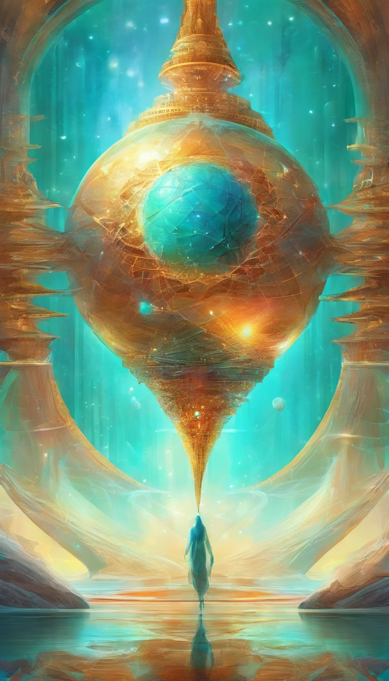  parallel dimensions have met and are being transformed into a new reality, architectonics of multidimensional collage, a mix of realities in fractal-atomic splitting, the transformation of a glitch in a Mobius ring beyond the human, the essence of femininity in the movement towards a man, turquoise-copper gradient, CGI, Digital-art, 1024 K