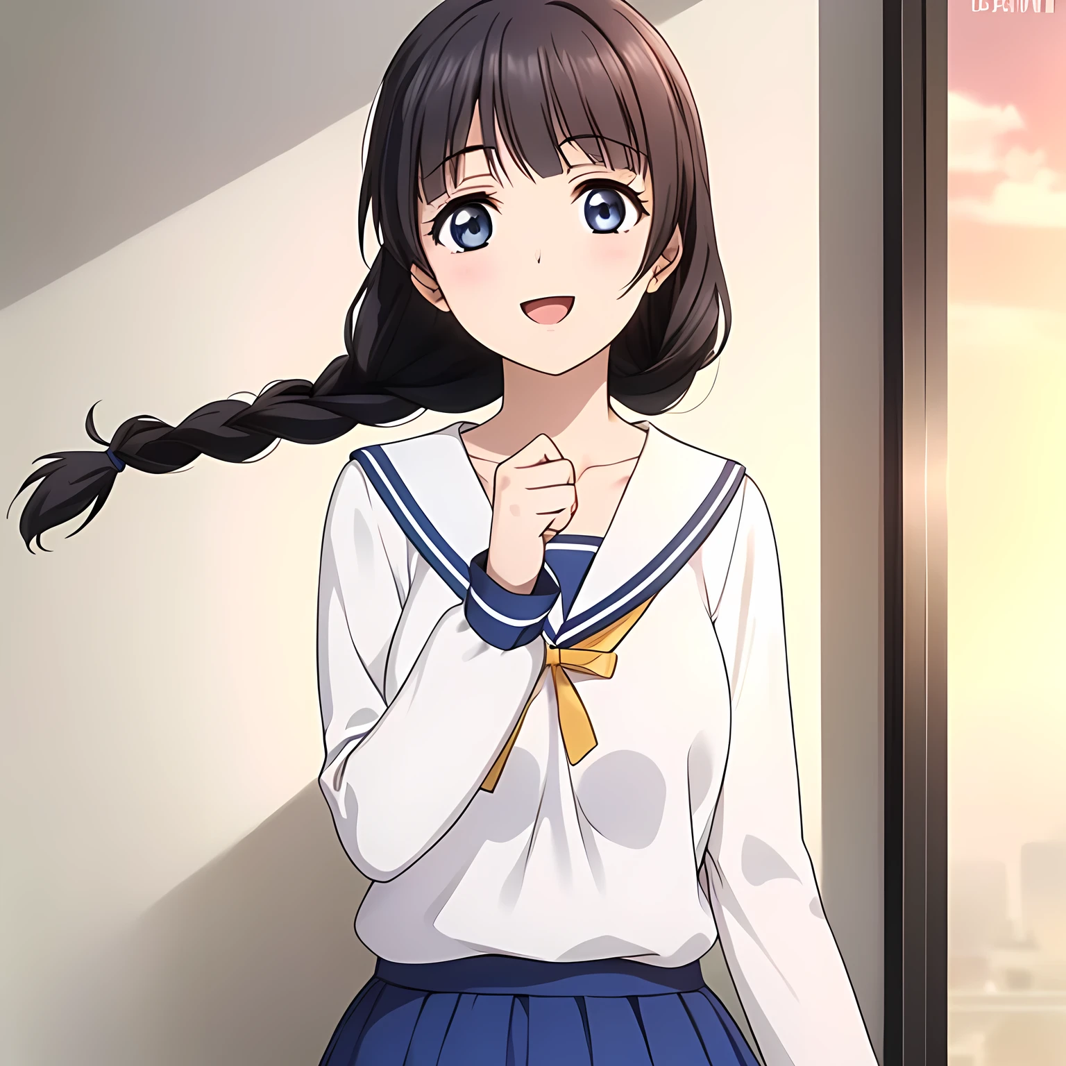 (highest quality, masterpiece:1.2), highest quality, High resolution, 1080p, 8K, Game heroine CG, Height: 158cm, ((A beautiful girl, the game heroine, is smiling and looking proudly.)), A face that everyone loves, Glossy lips, Even bangs, Double, Long eyelashes on both the top and bottom, Smiling blue eyes, The very large and thick yellow ribbon bowtie is very cute., ((Black Hair)), ((Beautiful, shiny, long braids)), ((A long, neat, dark navy pleated skirt)), (((A long-sleeved winter sailor uniform in cream and navy blue))), cream sleeves, Cream colored blouse, Smiling, slightly open mouth like a game heroine, Ribbon in hair, Tight waist, (((The background is a blank white wall))), ((The wind blowing upwards is only shaking my bangs)), The ribbon is big and very pretty.