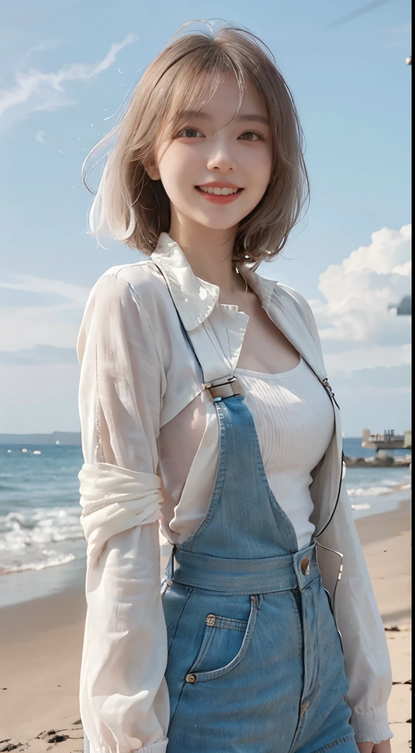 Best image quality、RAW Photos、超A high resolution、21 years old Korean、Small breasts、Dynamic Angle、Cowboy Shot、Chaos in its most beautiful form、elegant、Brutalist Design、Vibrant colors、Beautiful white hair、Short Bob、smile、fun、smile、Glowing White Skin、Beautiful eyes with random colors、Very thin lips、Beautiful eyes in every detail、 Narrow eyes、Cheeks are pale pink、Eyelash length、Beautiful double eyelids、eye shadow、Bright white hair、Overalls、Lightweight see-through jacket、Sandy Beach、null、Shooting from diagonally below、Low Angle、The wind is blowing、Hair fluttering、boost mood、Full body photo