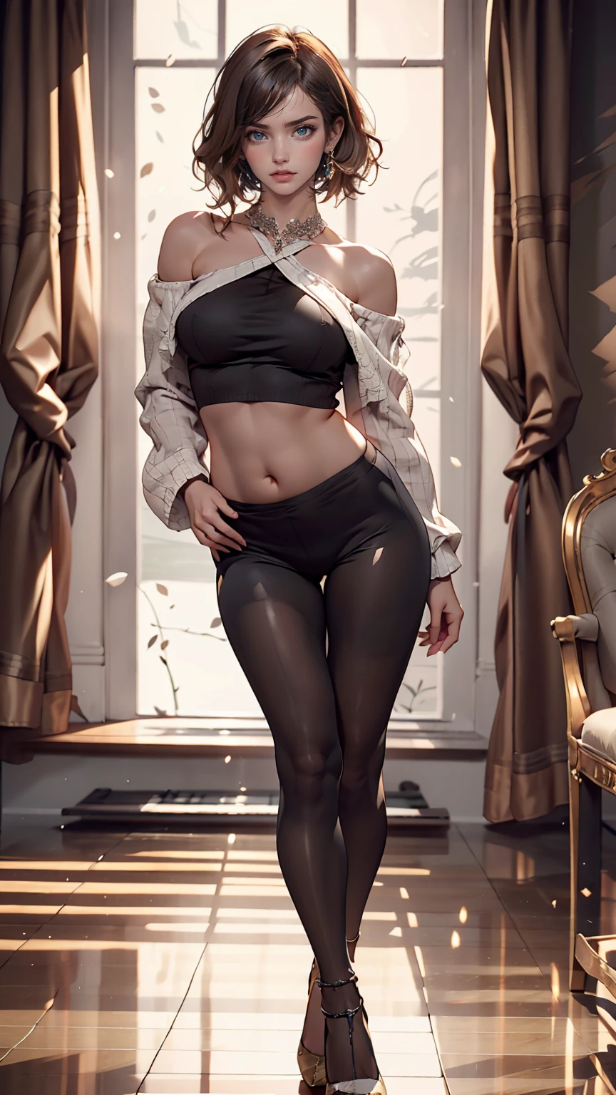 24 year old Caucasian female、Off-the-shoulder wrap(off-shoulder wrap)Wear a top from、I can see my belly button、Wear low rise leggings、Wear stiletto heels、smile、Brush your hair back、Sexy proportions、Narrow waist