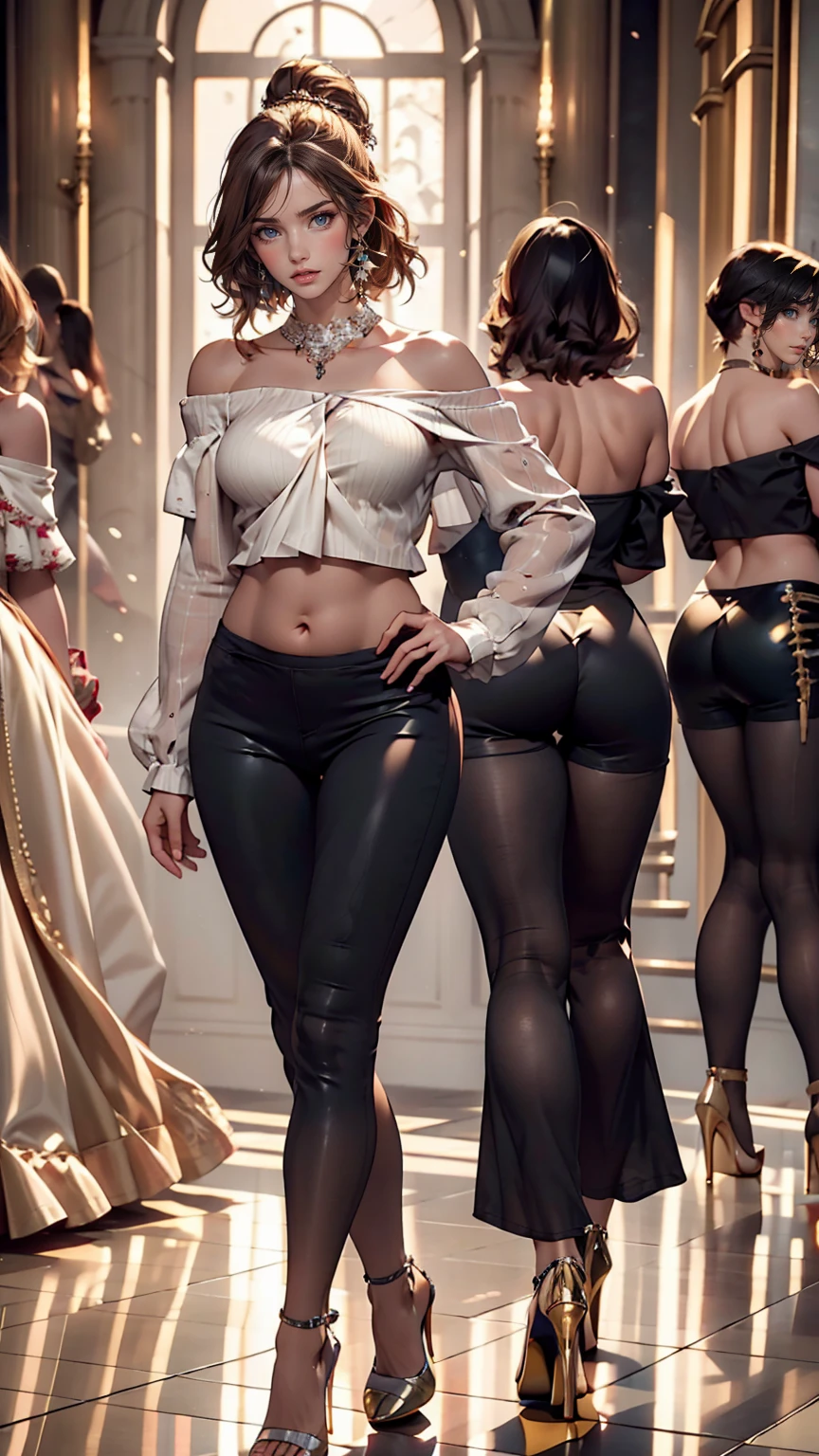24 year old Caucasian female、Off-the-shoulder wrap(off-shoulder wrap)Wear a top from、I can see my belly button、Wear low rise leggings、Wear stiletto heels、smile、Brush your hair back、Sexy proportions、Narrow waist