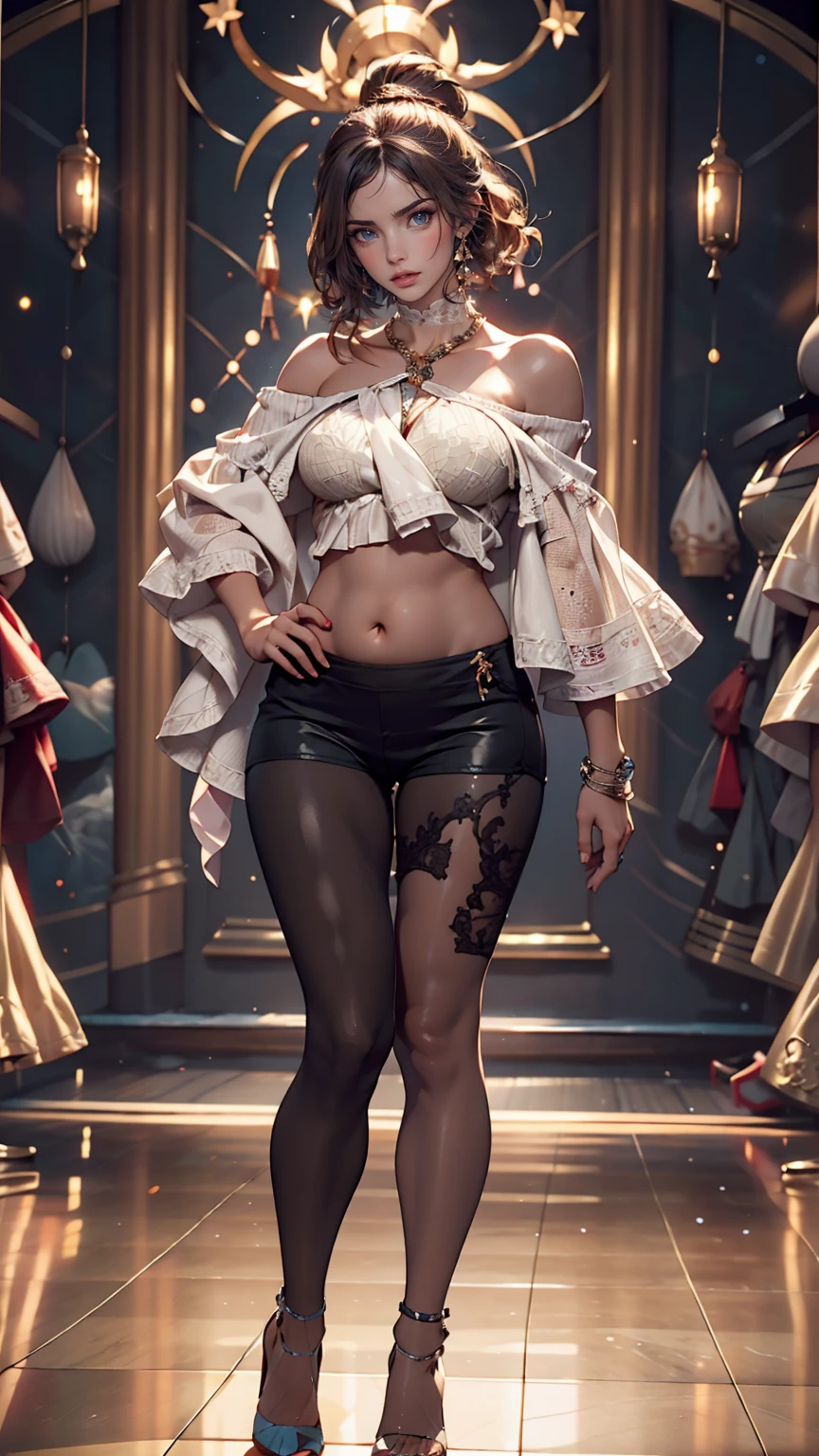 24 year old Caucasian female、Silver Hair、long hair、Hair becomes wavy、Outstanding proportions、Wear a sheer romper decorated with lace、Breasts are visible through the skin、I can see my belly button、Wear low rise leggings、Wear stiletto heels、Cowboy Shot、sexy pose、Skyscraper background