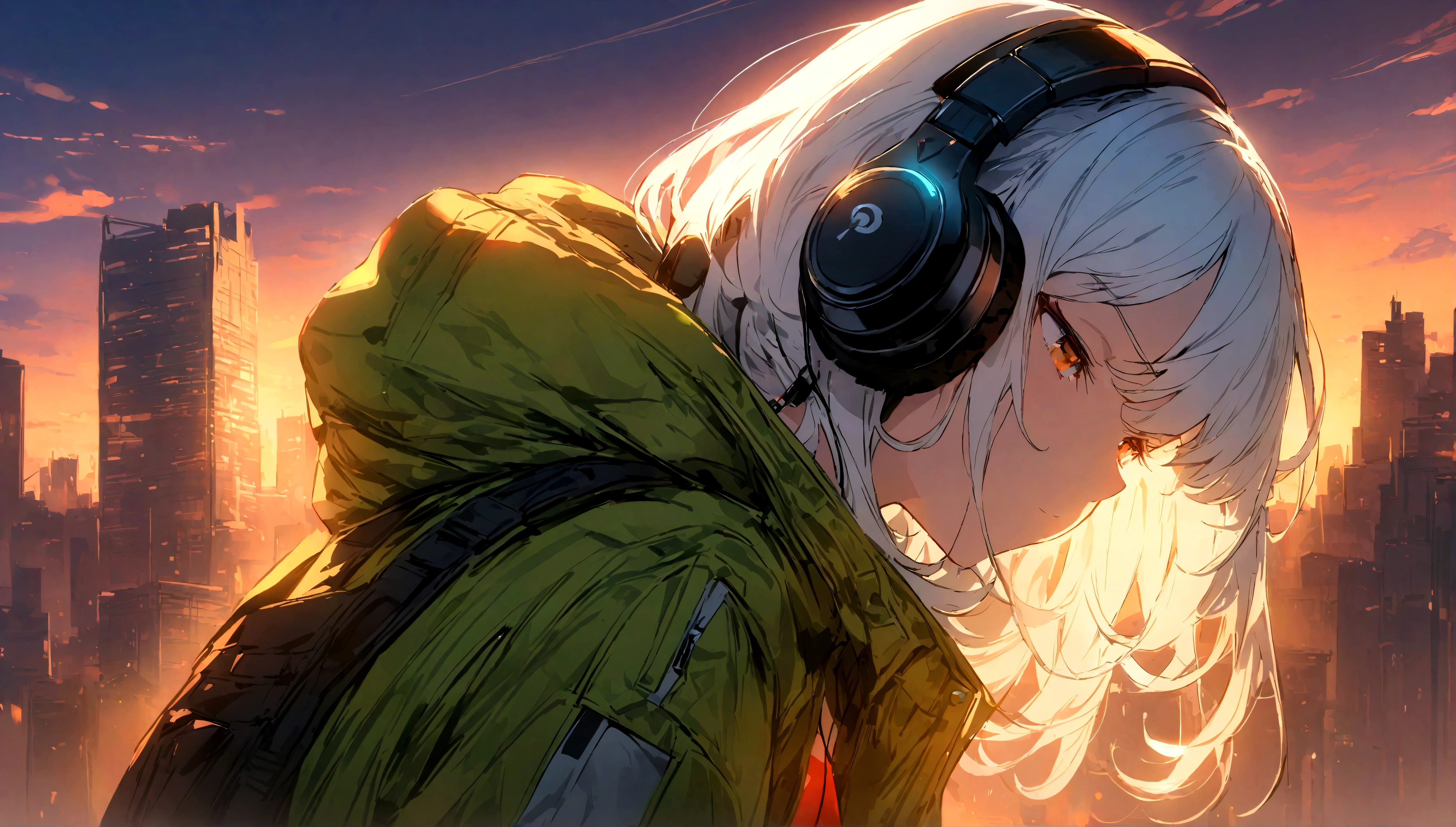 A white-haired girl wearing a coat and headphones, Squinting at the bustling city under the afterglow of the setting sun, (best quality, 4k, High resolution, Extremely detailed), Artistic touch with pencil sketch, Vibrant colors, and soft lighting