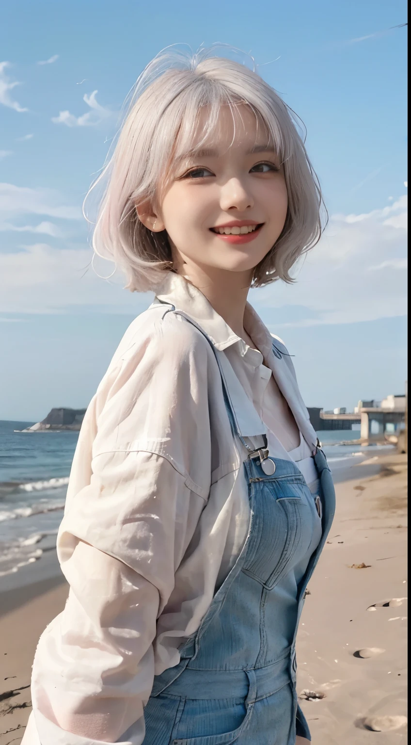 Best image quality、RAW Photos、超A high resolution、21 years old Korean、Small breasts、Dynamic Angle、Cowboy Shot、Chaos in its most beautiful form、elegant、Brutalist Design、Vibrant colors、Beautiful white hair、Short Bob、smile、fun、smile、Glowing White Skin、Beautiful eyes with random colors、Very thin lips、Beautiful eyes in every detail、 Narrow eyes、Cheeks are pale pink、Eyelash length、Beautiful double eyelids、eye shadow、Bright white hair、Overalls、Lightweight see-through jacket、Sandy Beach、null、Shooting from diagonally below、Low Angle、The wind is blowing、Hair fluttering、boost mood、Full body photo
